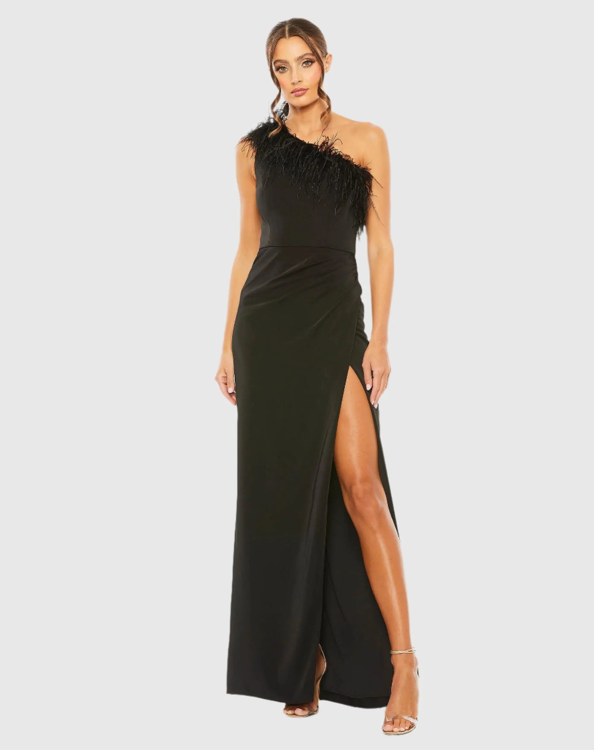 Black One Shoulder Feather Trim Gown - Mac Duggal