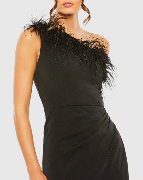 One Shoulder Feather Trim Gown