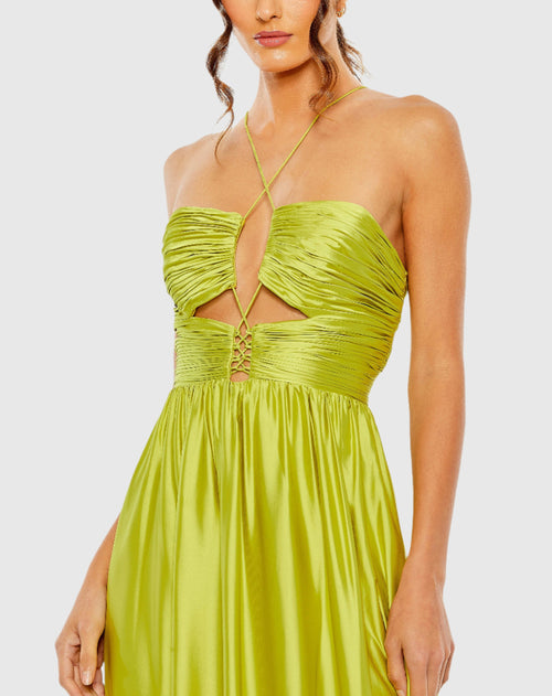 Ruched Tiered Criss Cross Spaghetti Strap Gown