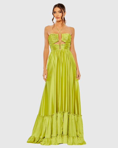 Ruched Tiered Criss Cross Spaghetti Strap Gown