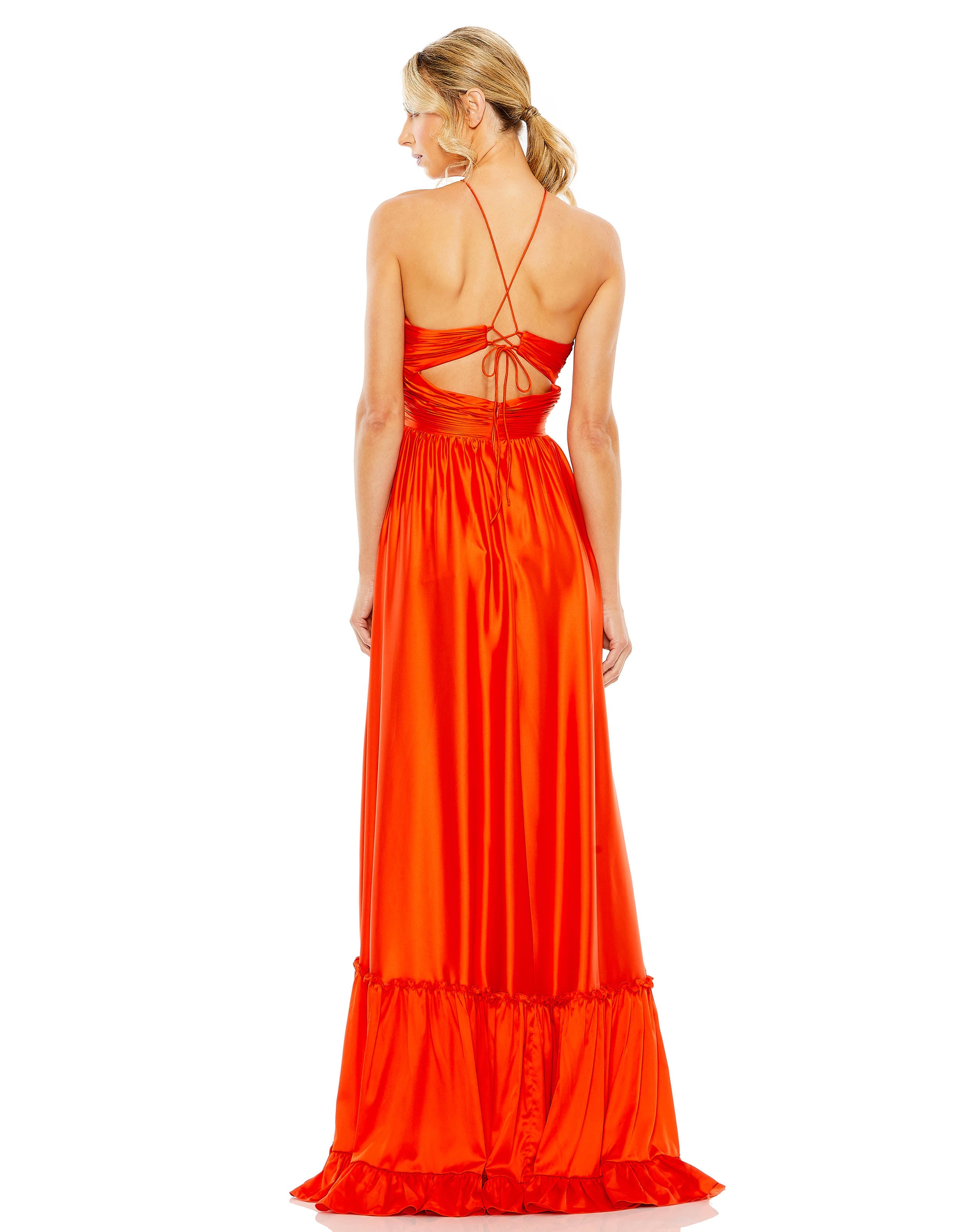 Ruched Tiered Criss Cross Spaghetti Strap Gown