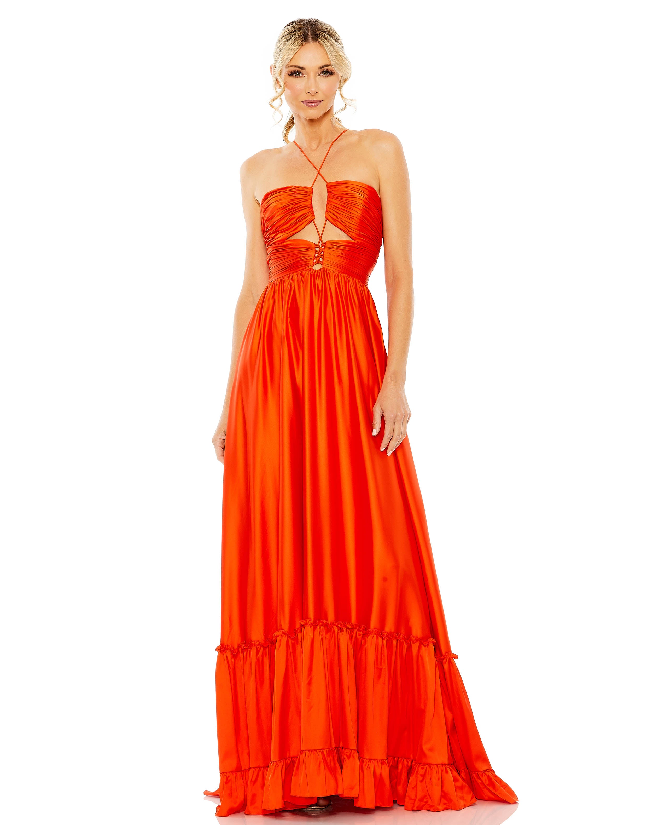 Ruched Tiered Criss Cross Spaghetti Strap Gown