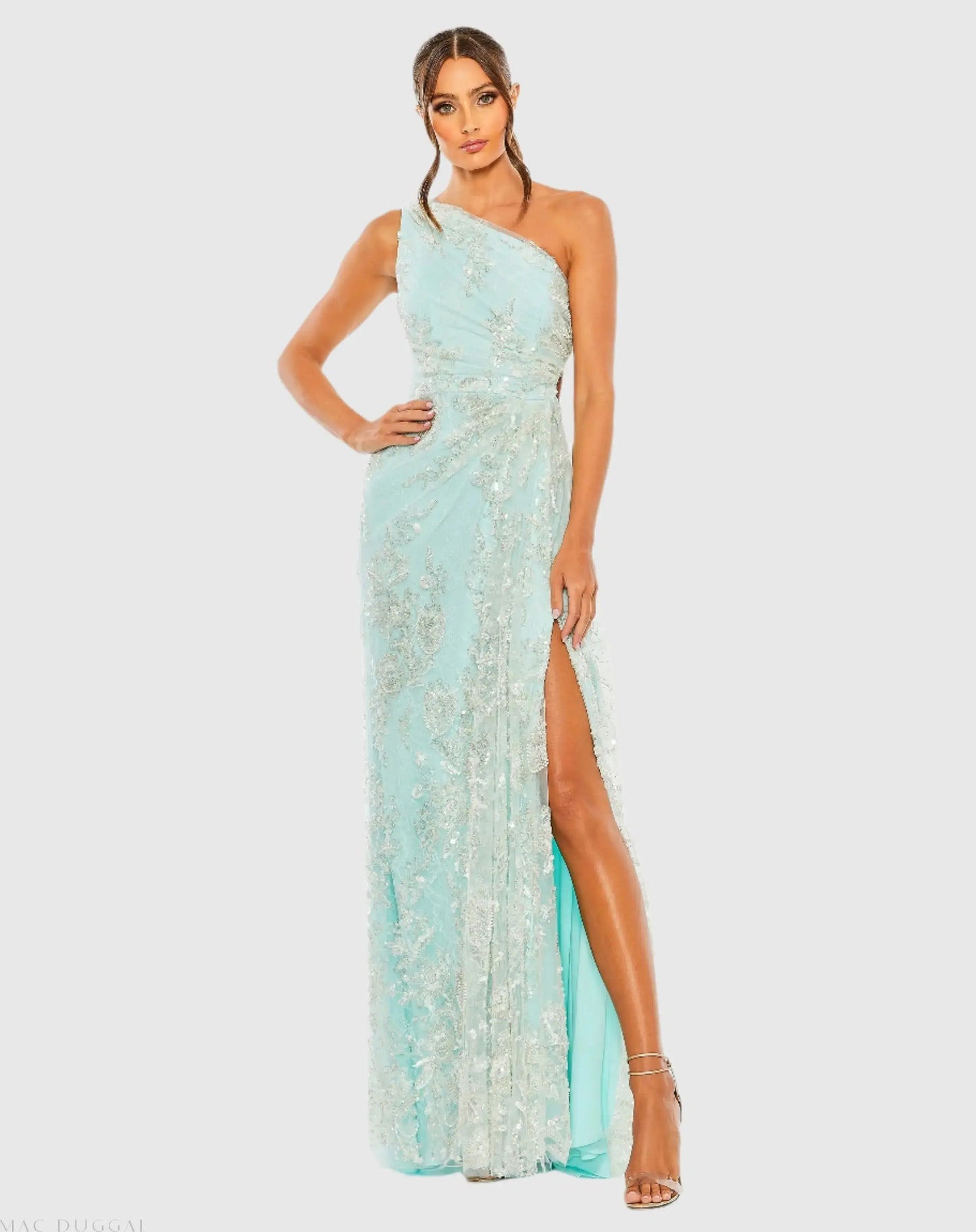 Blue One Shoulder Side Cut Embellished Gown - Mac Duggal