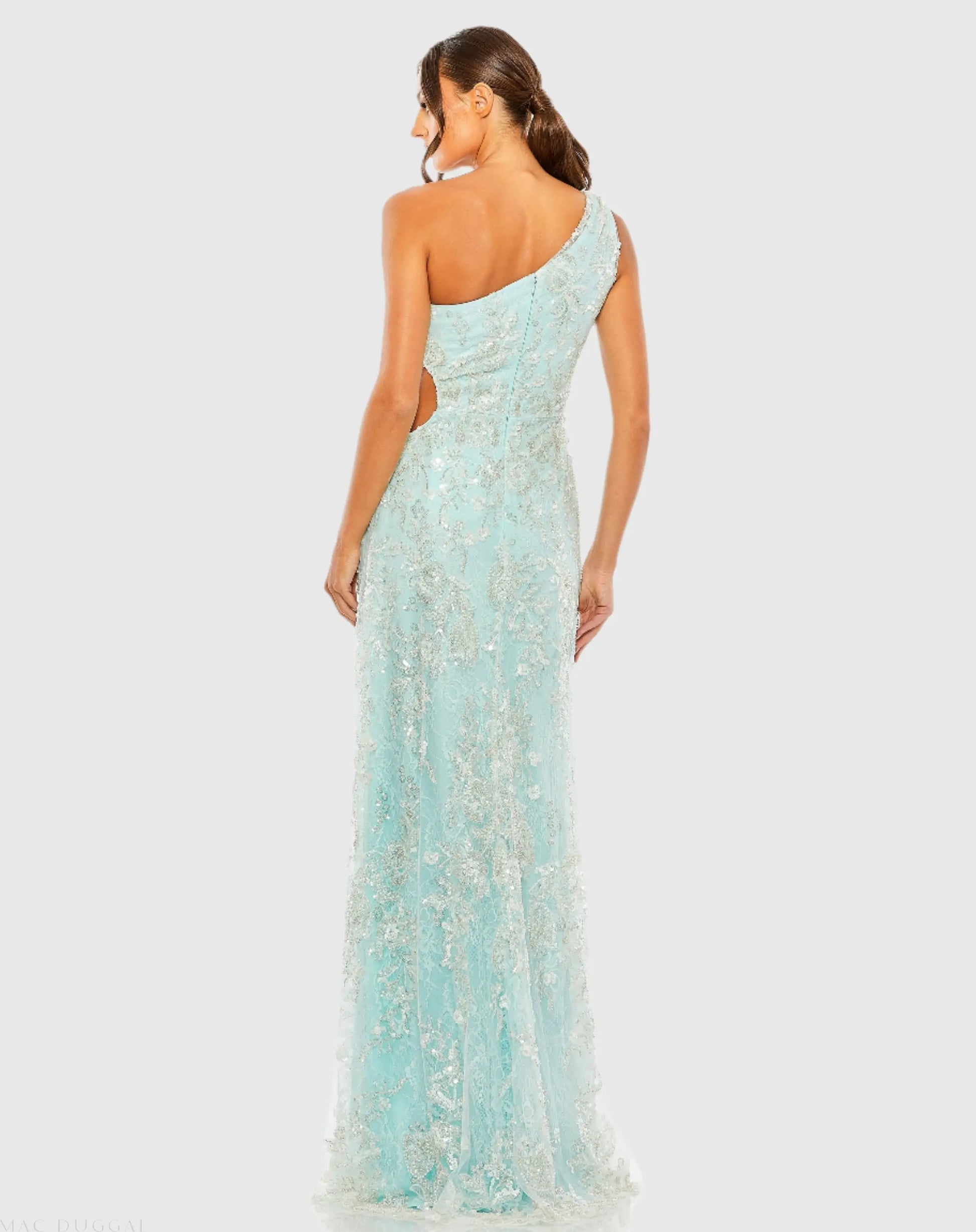 Blue One Shoulder Side Cut Embellished Gown - Mac Duggal