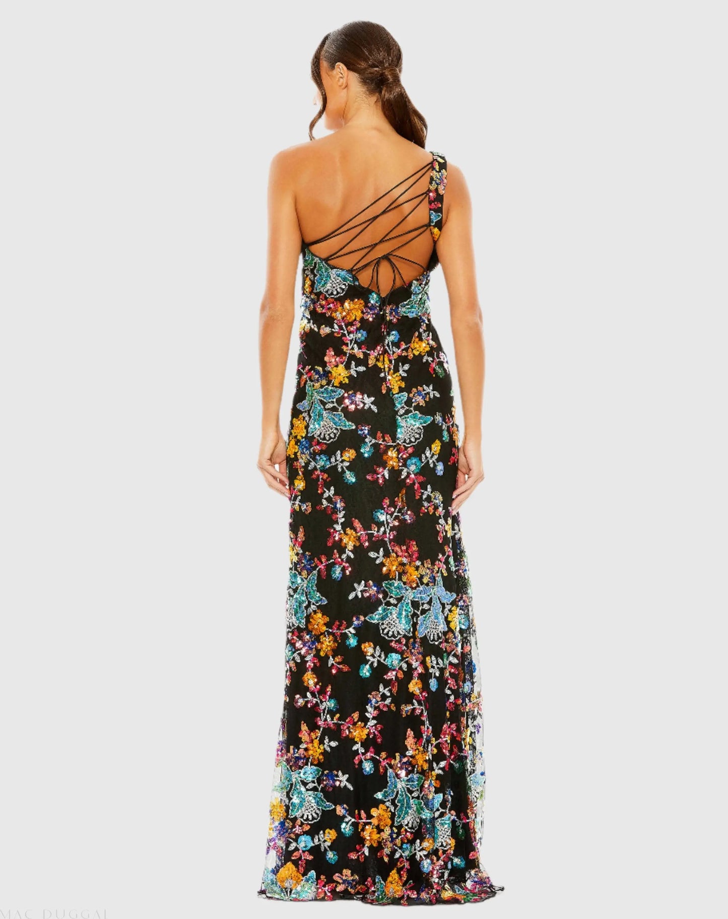 Black Multicolor One Shoulder Floral Sequin Lace Up Gown - Mac Duggal
