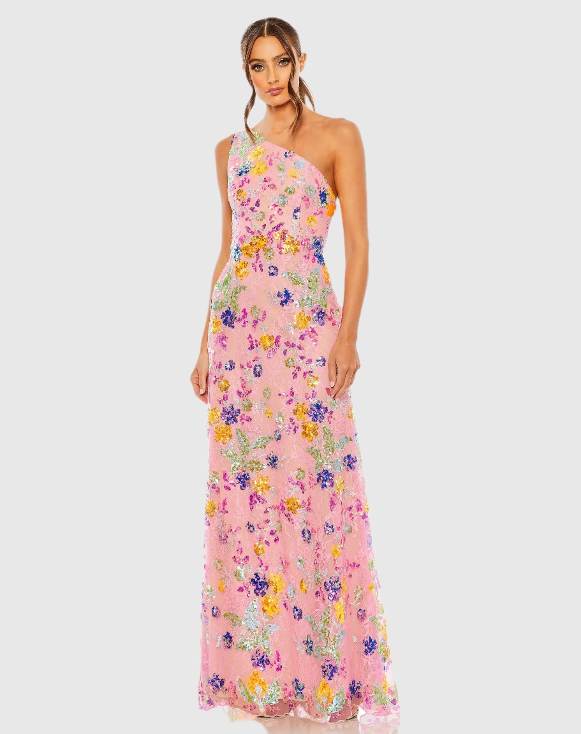 Pink Multicolor One Shoulder Floral Sequin Lace Up Gown