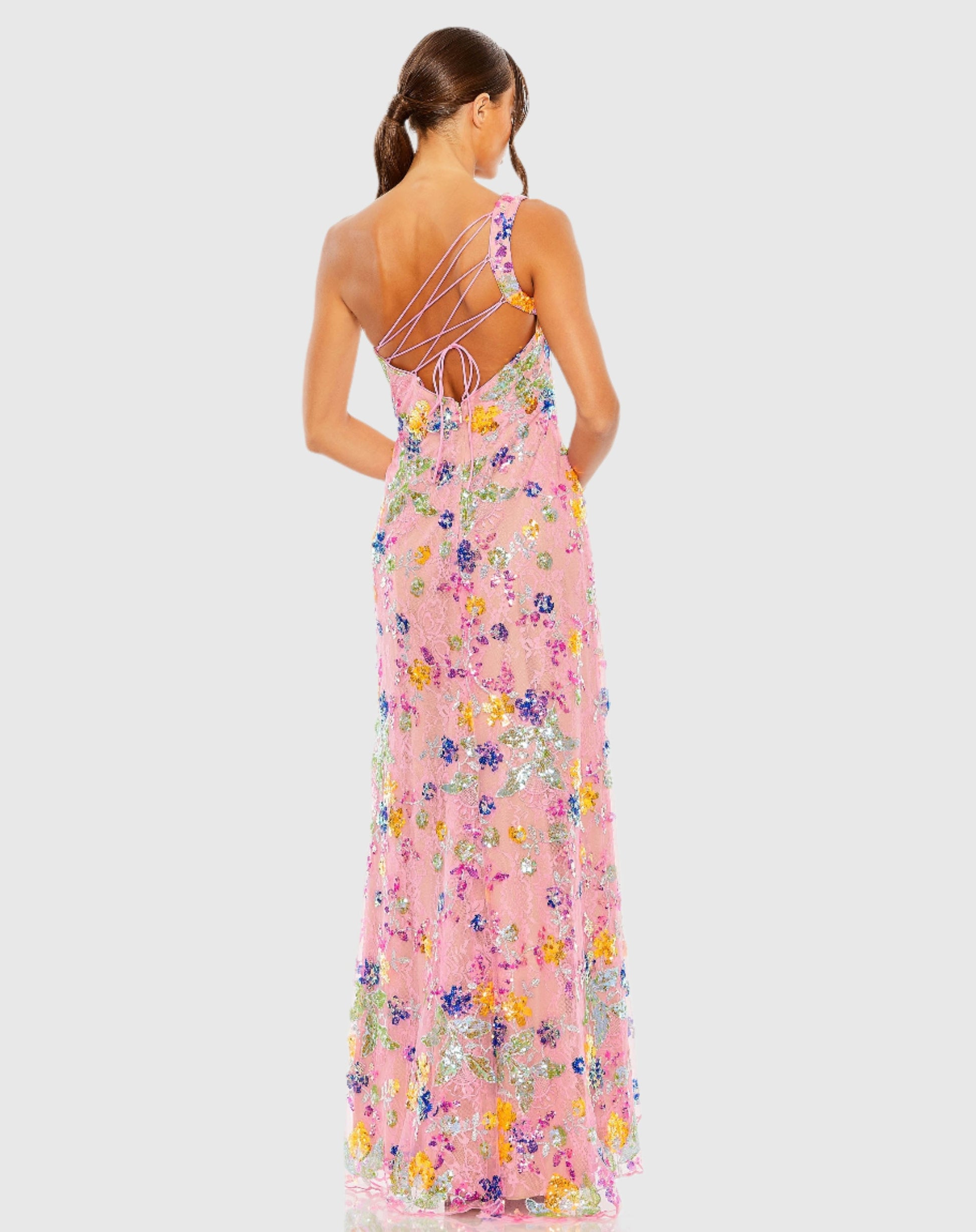 Pink Multicolor One Shoulder Floral Sequin Lace Up Gown - Mac Duggal