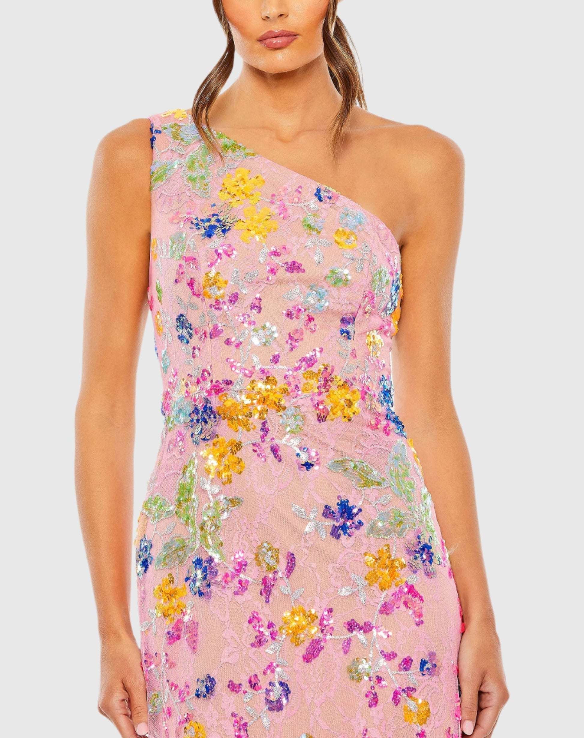 Pink Multicolor One Shoulder Floral Sequin Lace Up Gown - Mac Duggal