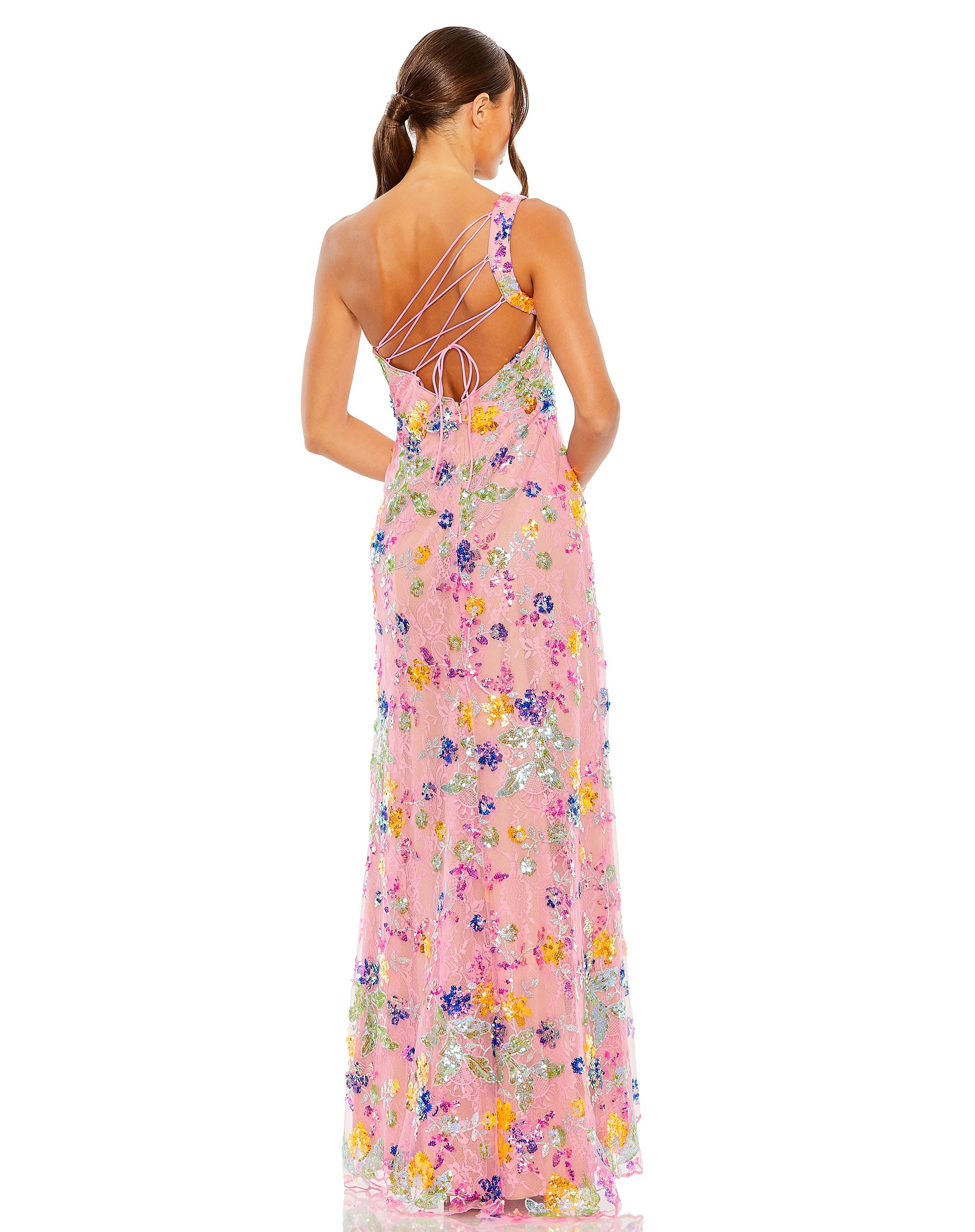 One Shoulder Floral Sequin Lace Up Gown