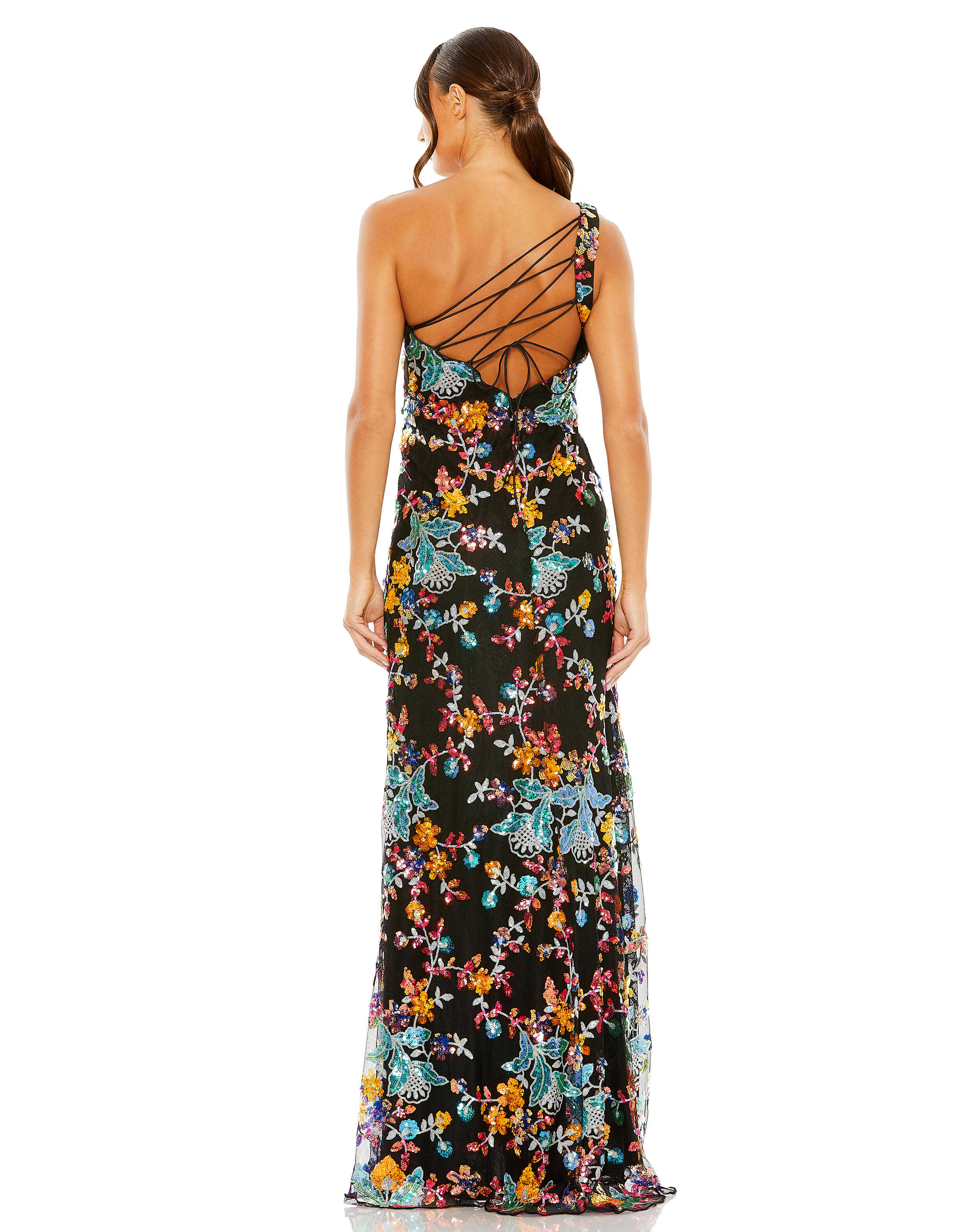 One Shoulder Floral Sequin Lace Up Gown