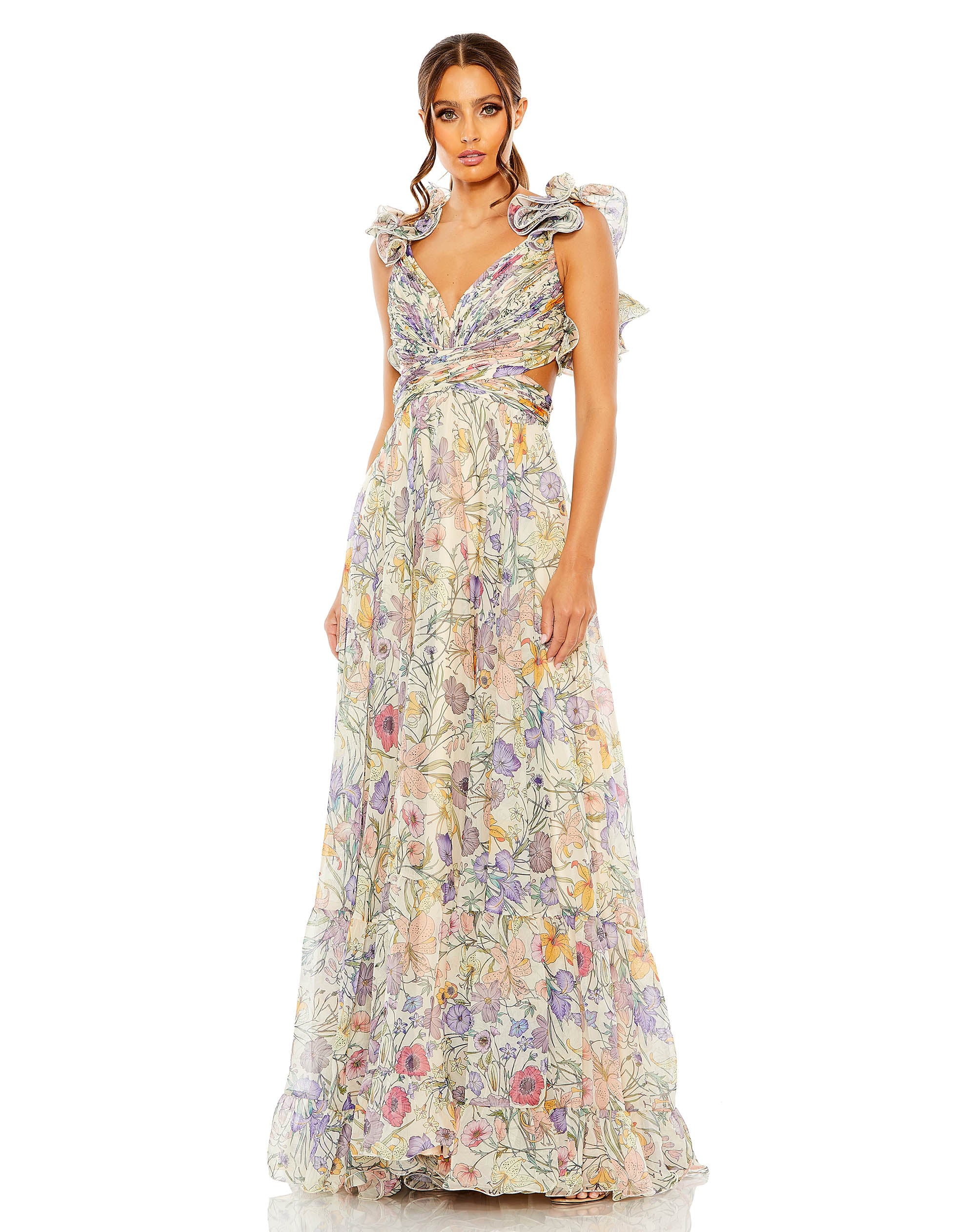 Floral Print Ruffle Tiered Cut-Out Chiffon Gown