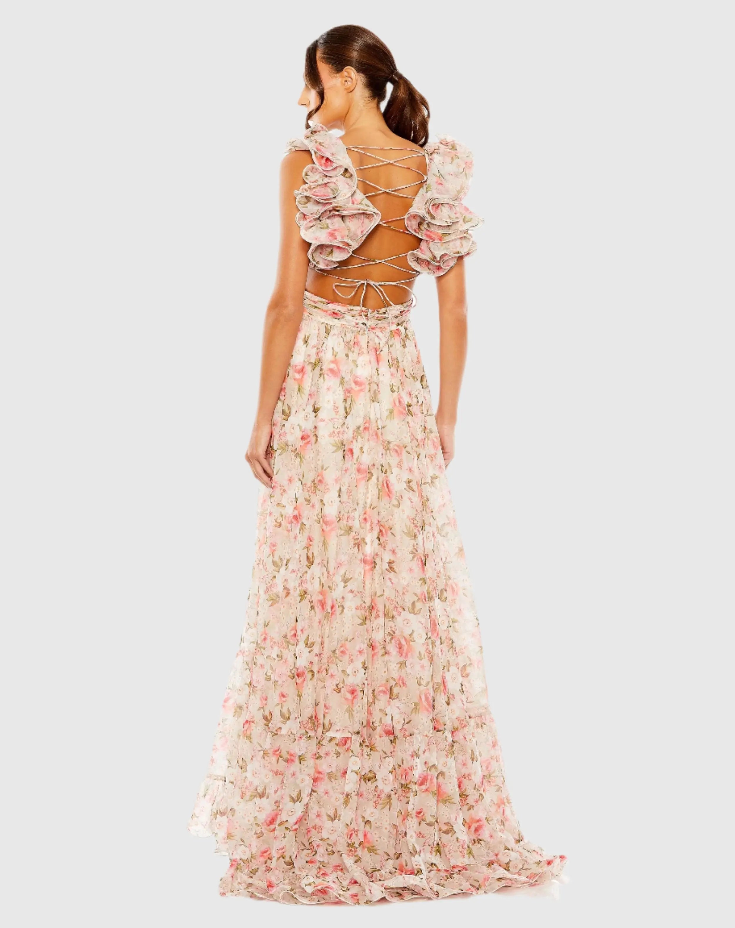 Ruffle Tiered Cut-Out Chiffon Floral Gown - Mac Duggal