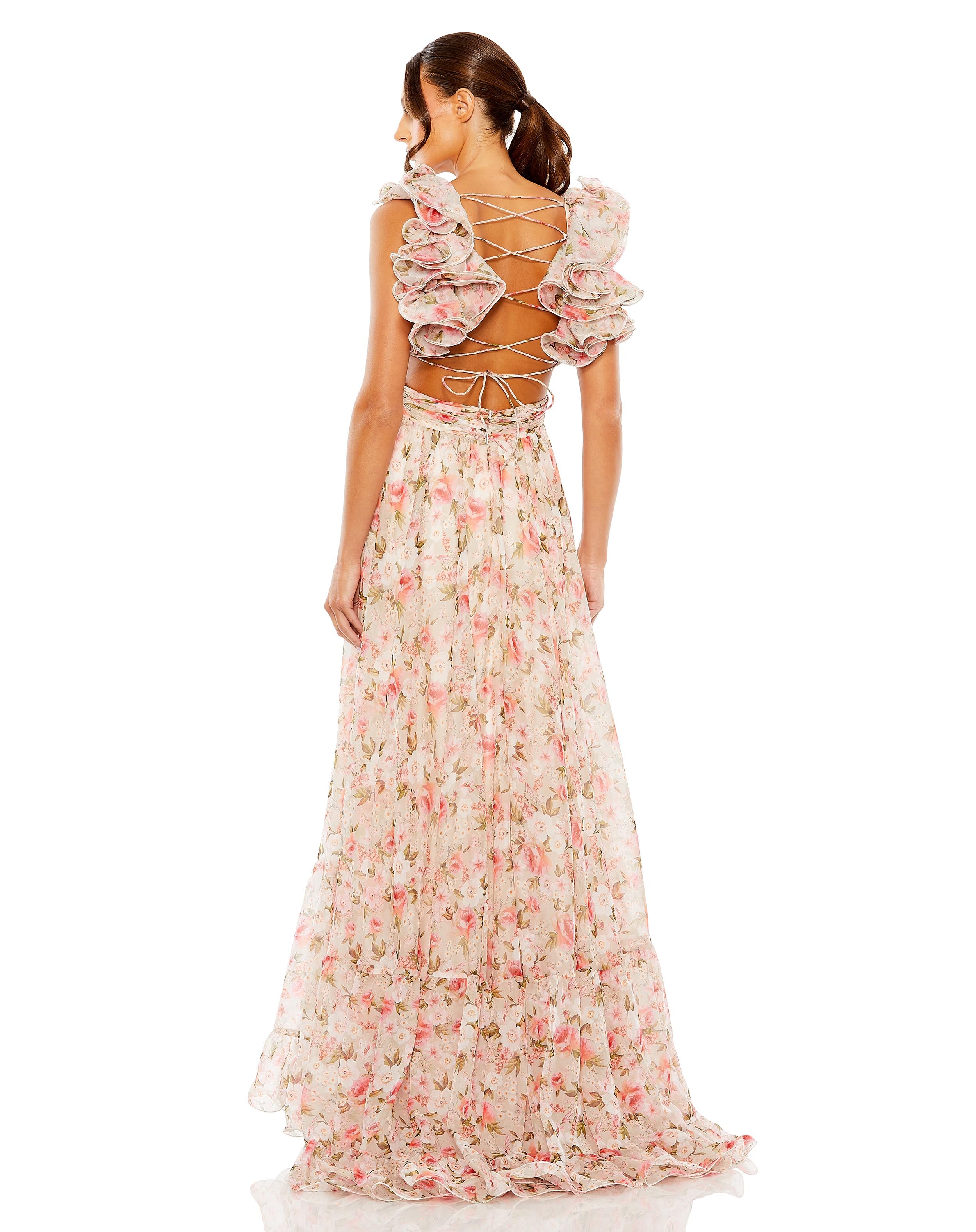 Ruffle Tiered Cut-Out Chiffon Floral Gown
