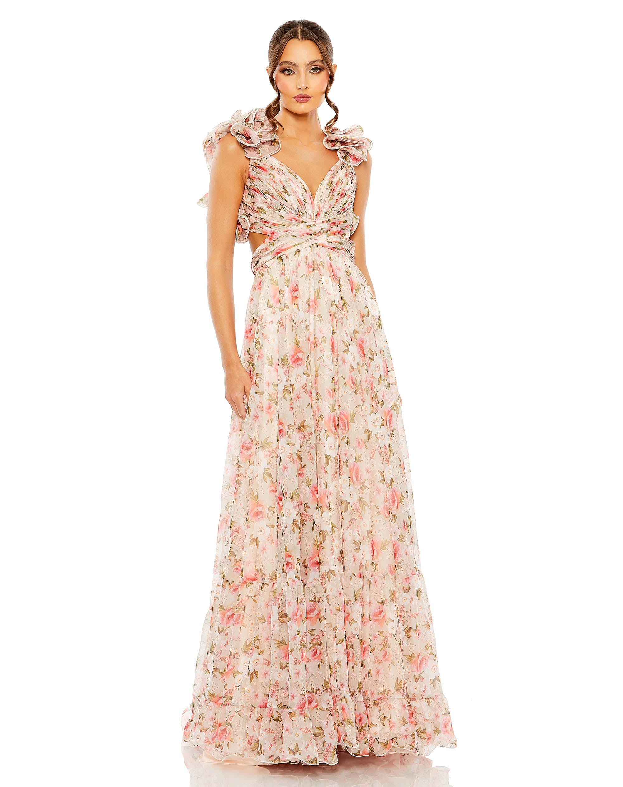 Ruffle Tiered Cut-Out Chiffon Floral Gown – Mac Duggal