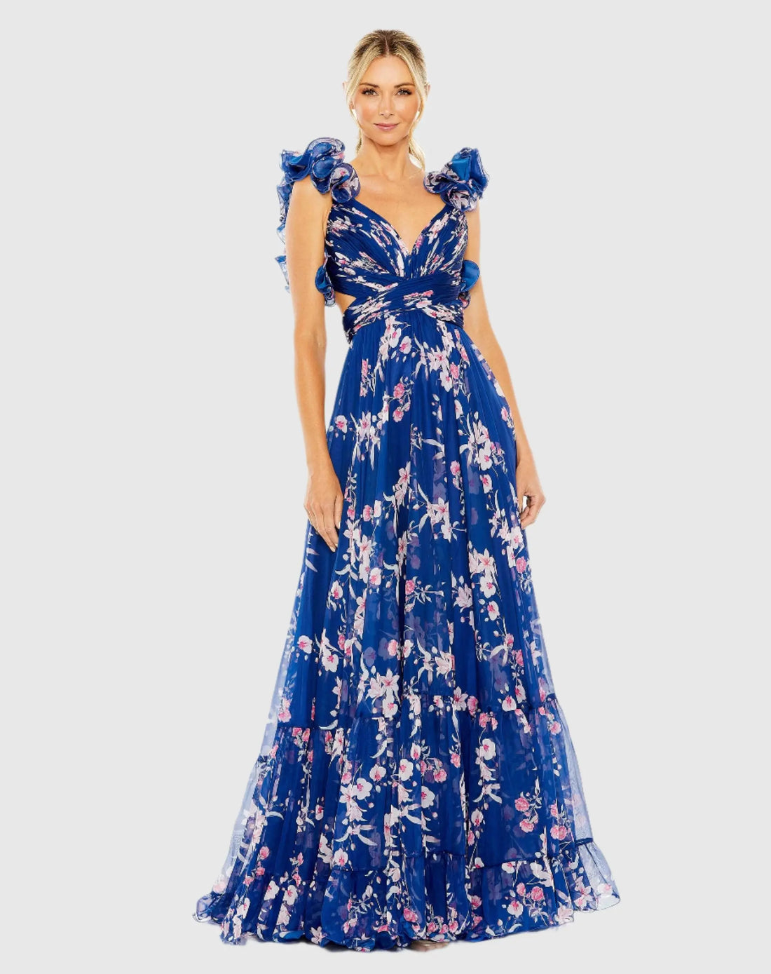 blue floral chiffon extreme frill maxi dress Blue Chiffon Maxi Dress with Floral Print and Fitted Waist