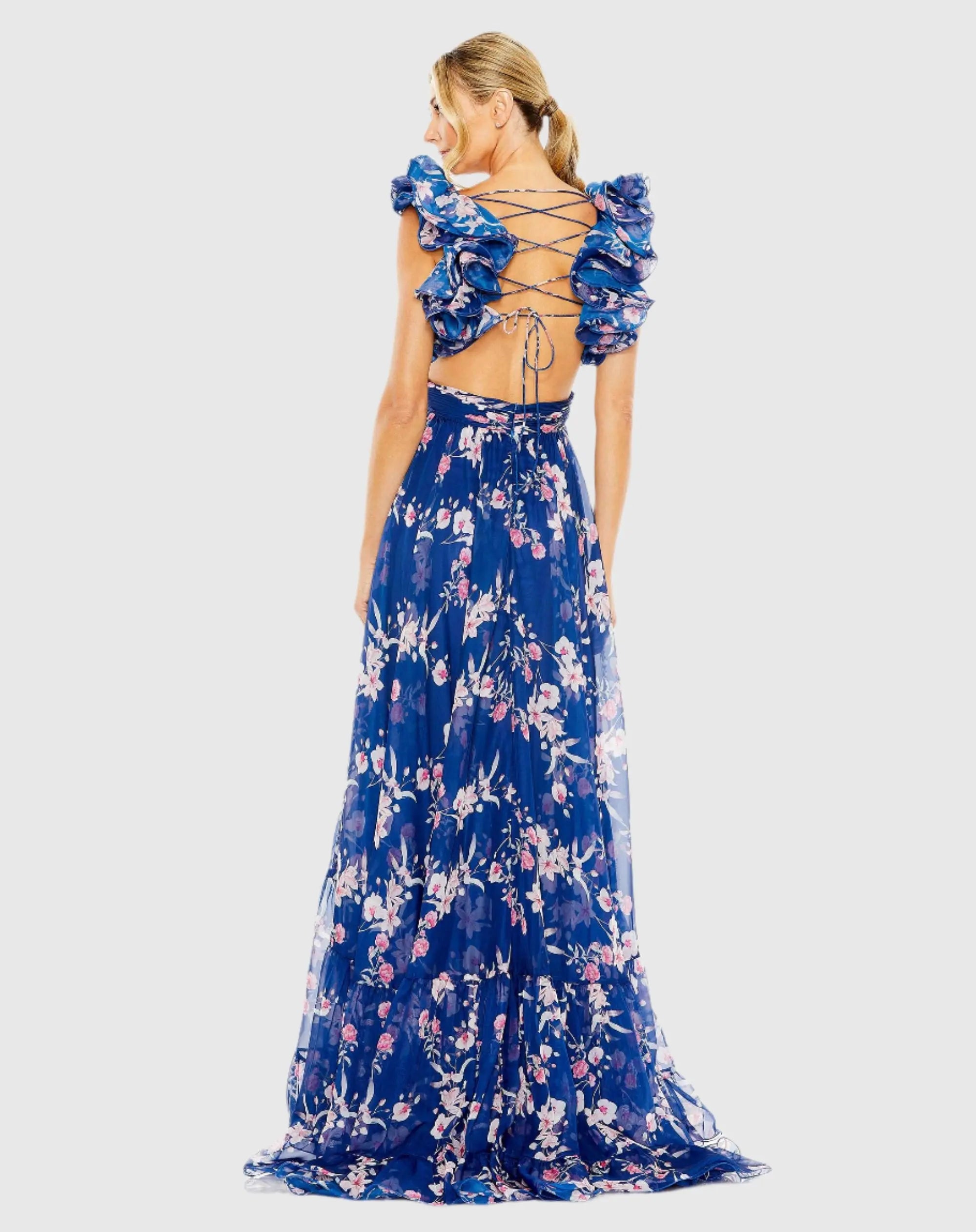 Blue Ruffle Tiered Floral Cut-Out Chiffon Gown - Mac Duggal