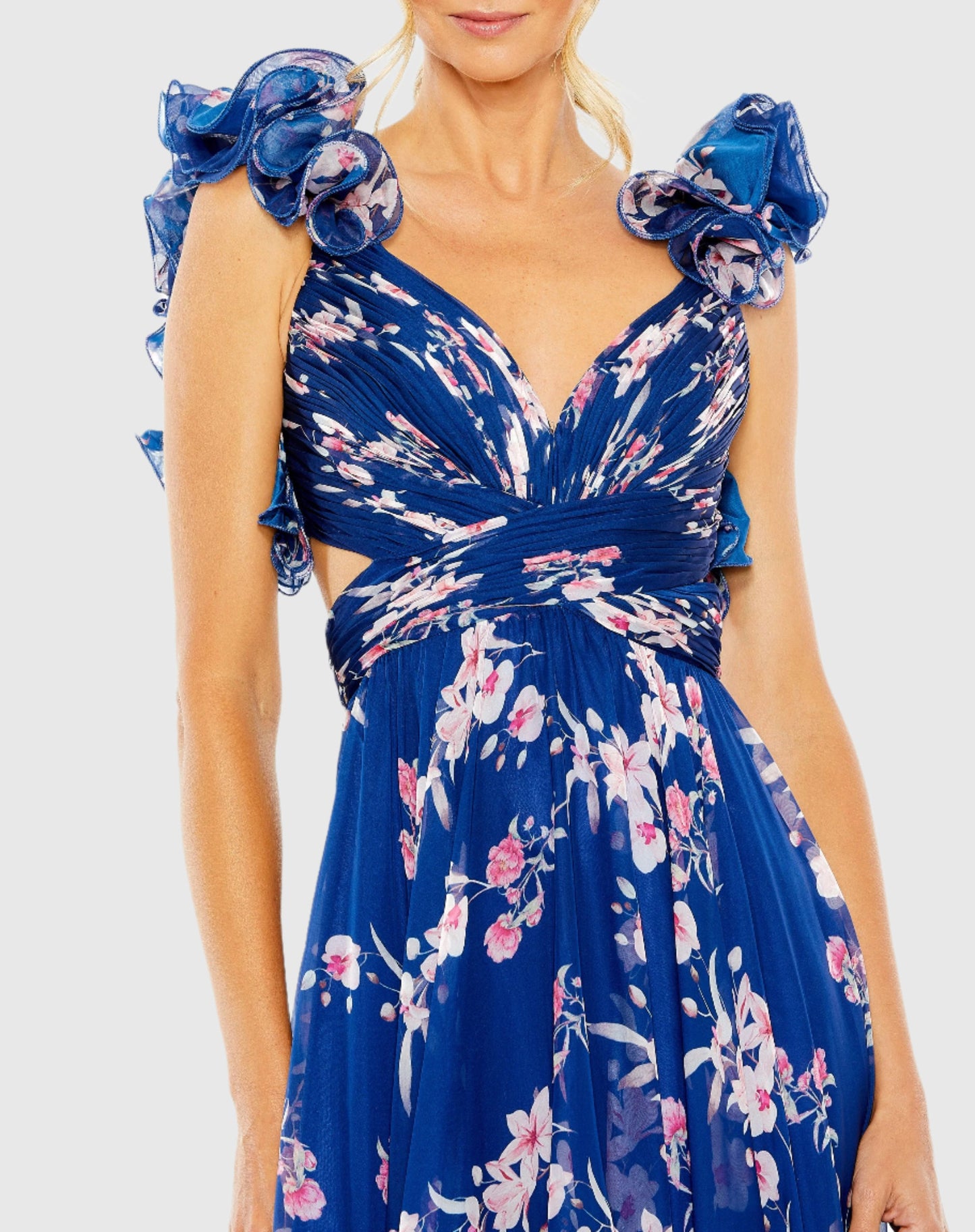 Ruffle Tiered Floral Cut-Out Chiffon Gown