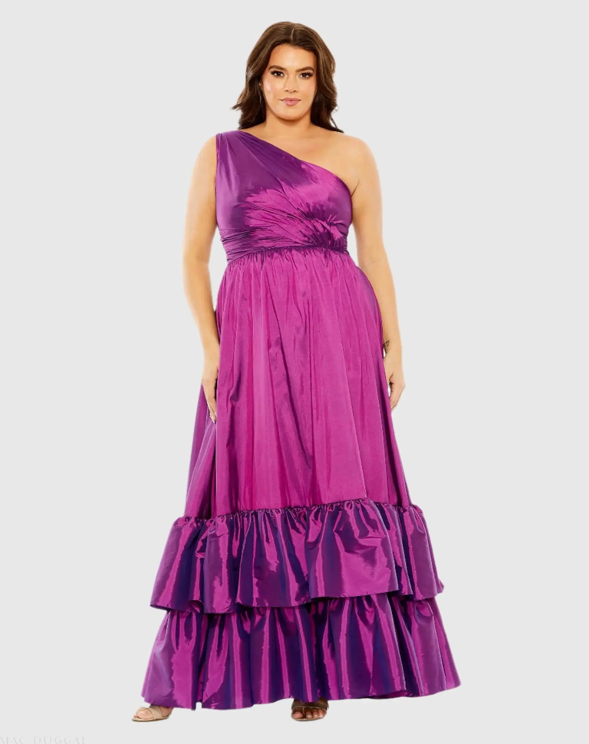 Purple One-Shoulder Tiered Ruffle Hem Evening Gown - Mac Duggal