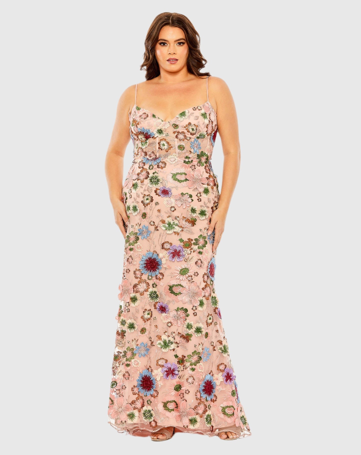 Floral Embroidered Corset Mesh Gown