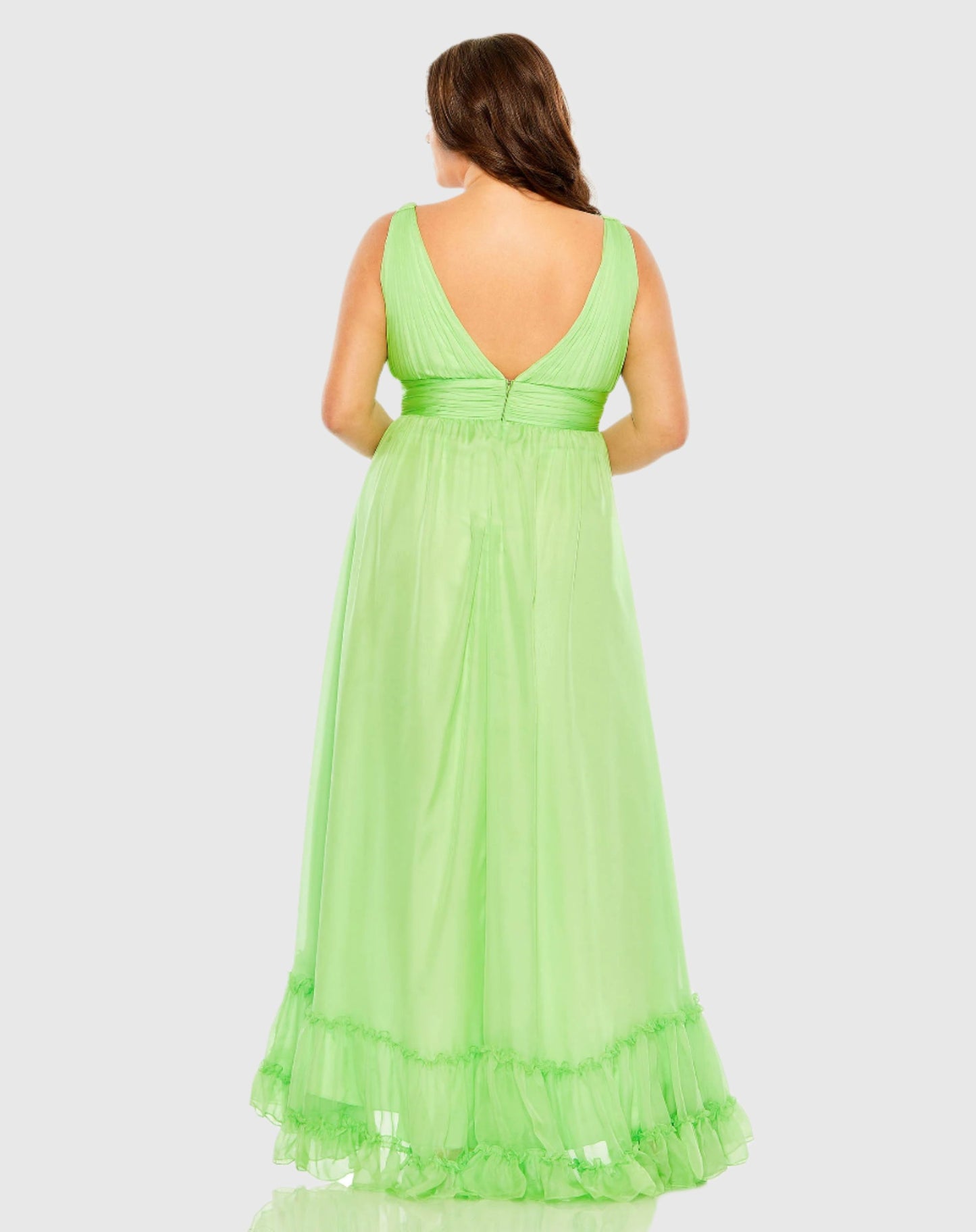 Plunge Neck Sleeveless Ruffle Tiered Front Slit Gown