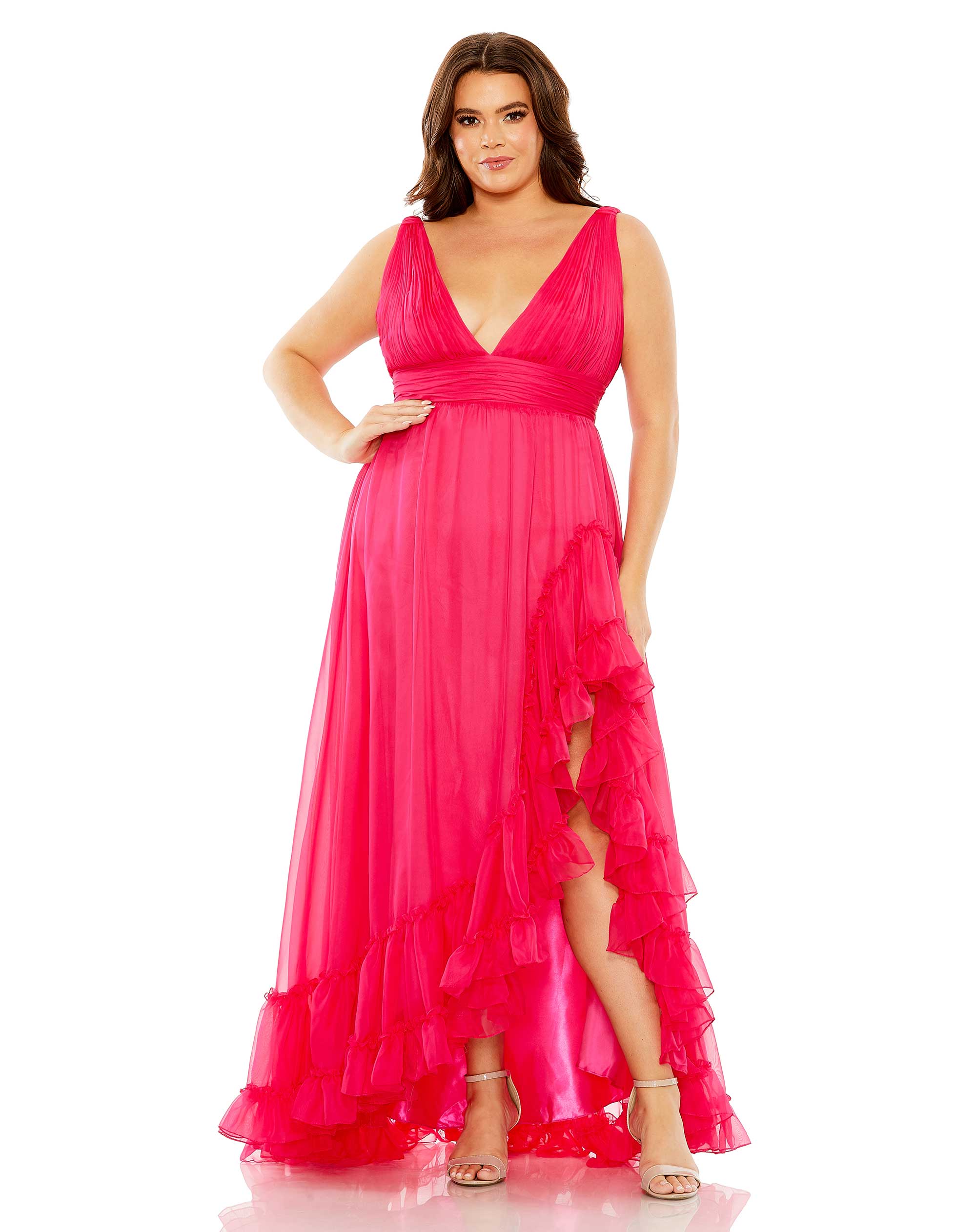 V Neck Sleeveless Ruffle Tiered Front Slit Gown - FINAL SALE