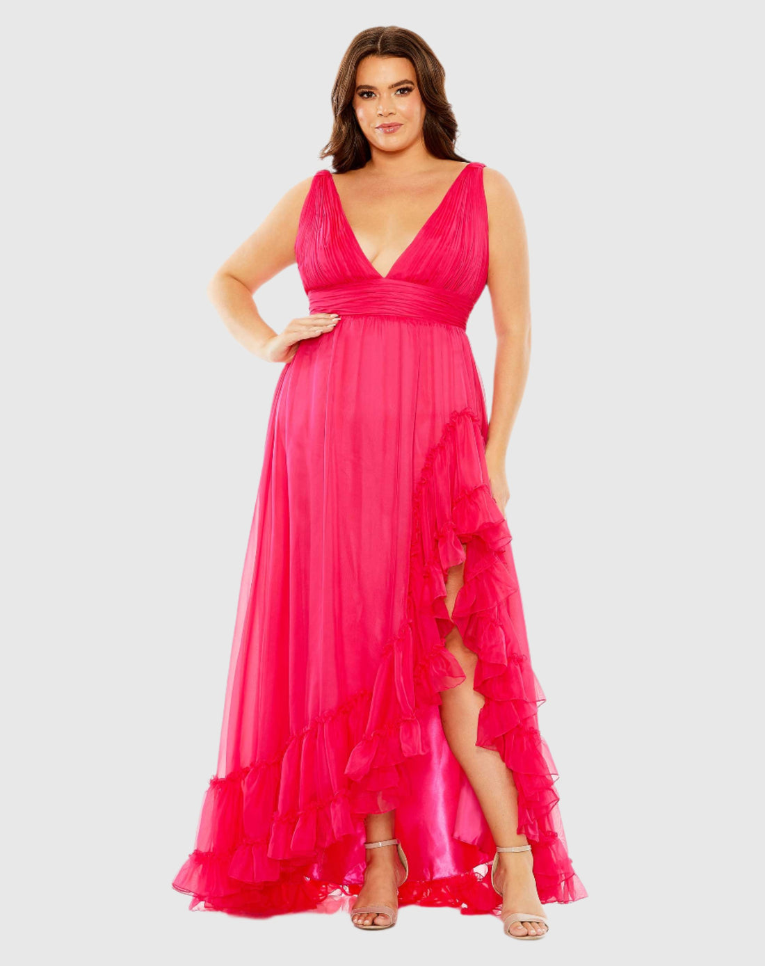 Plunge Neck Sleeveless Ruffle Tiered Front Slit Gown