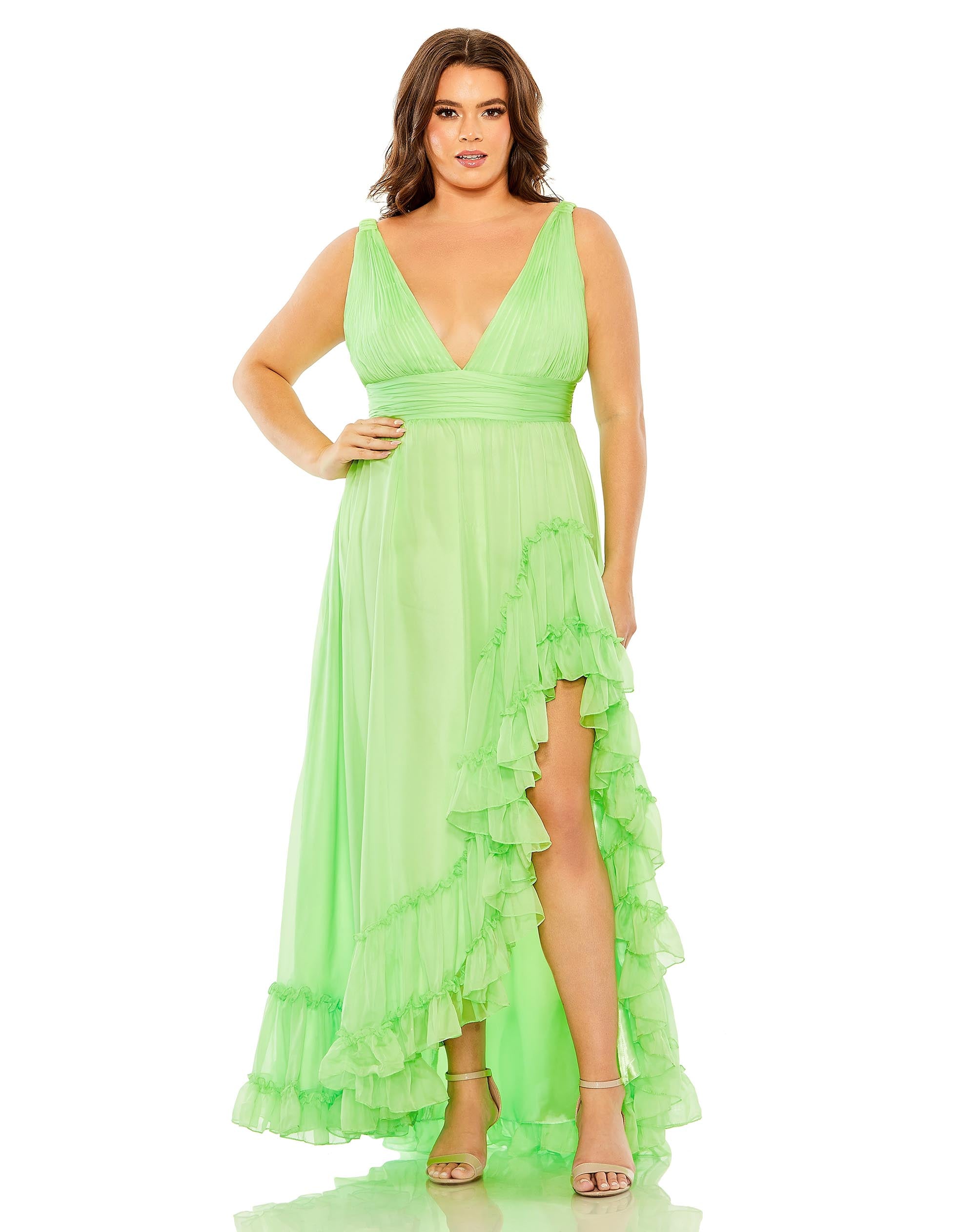 Plunge Neck Sleeveless Ruffle Tiered Front Slit Gown - FINAL SALE