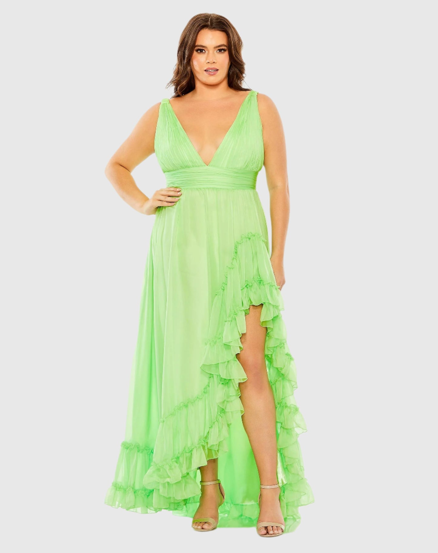 Plunge Neck Sleeveless Ruffle Tiered Front Slit Gown