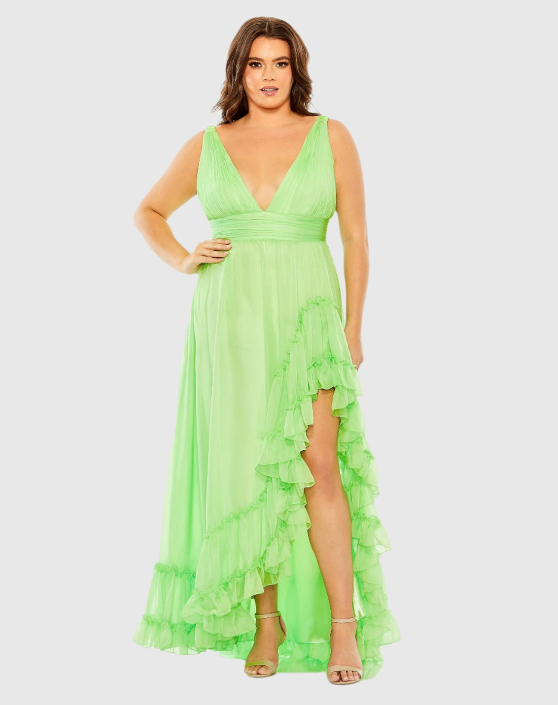 Plunge Neck Sleeveless Ruffle Tiered Front Slit Gown