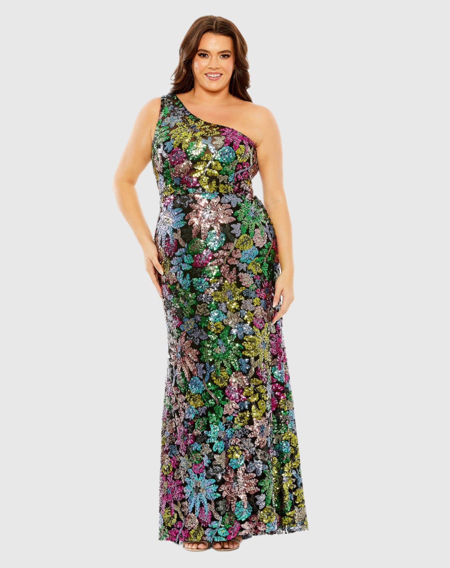 One Shoulder Floral Sequin Gown