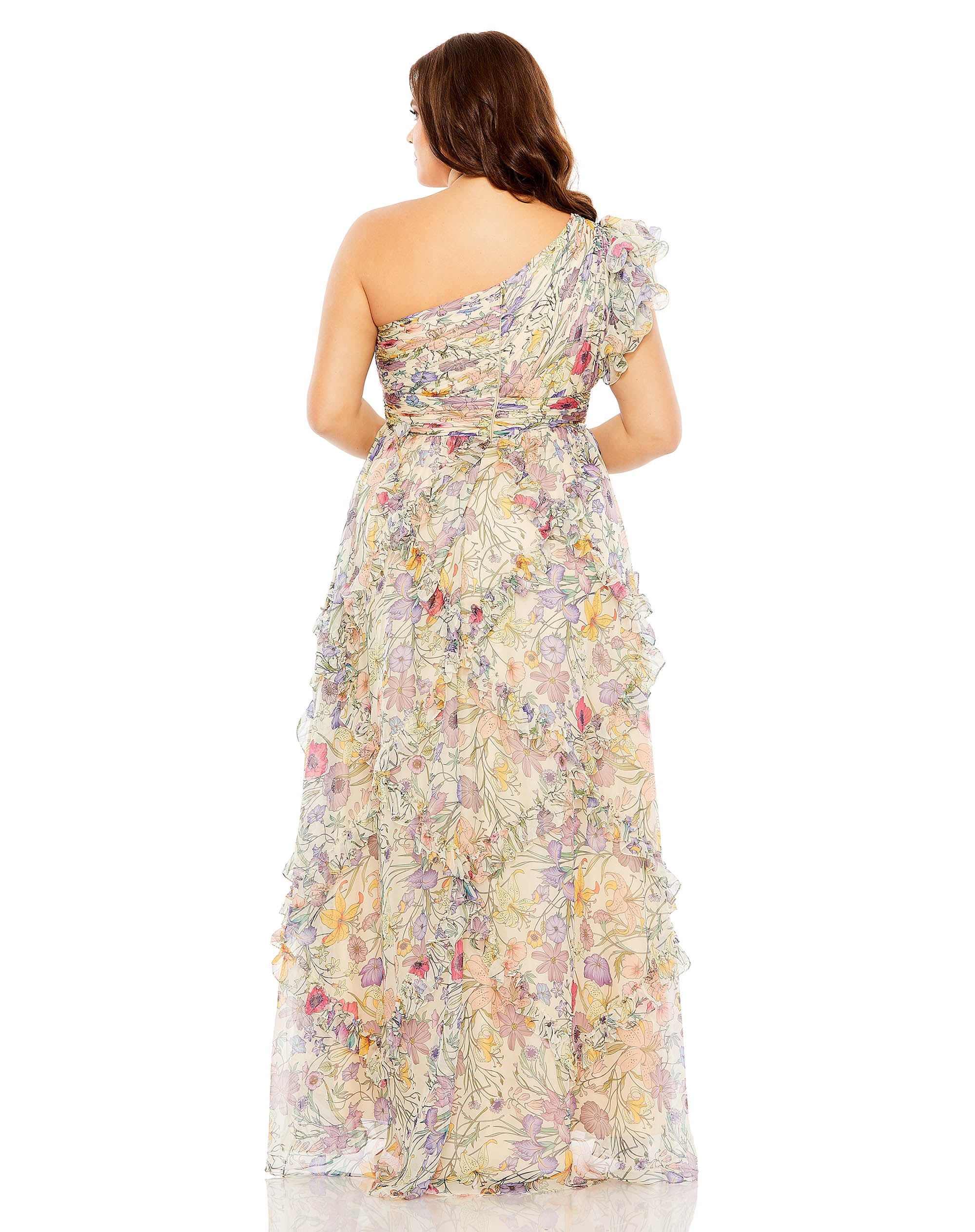 Floral Print Tiered One Shoulder Ruched Gown