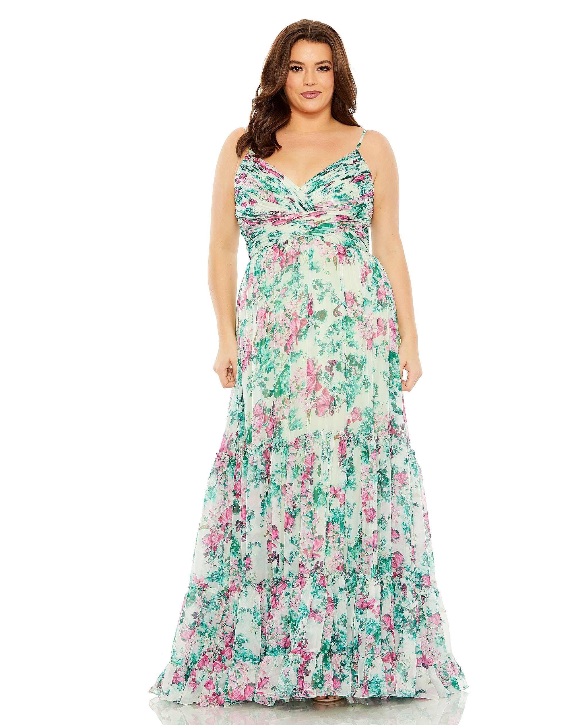 Floral Printed Tiered Ruched Gown