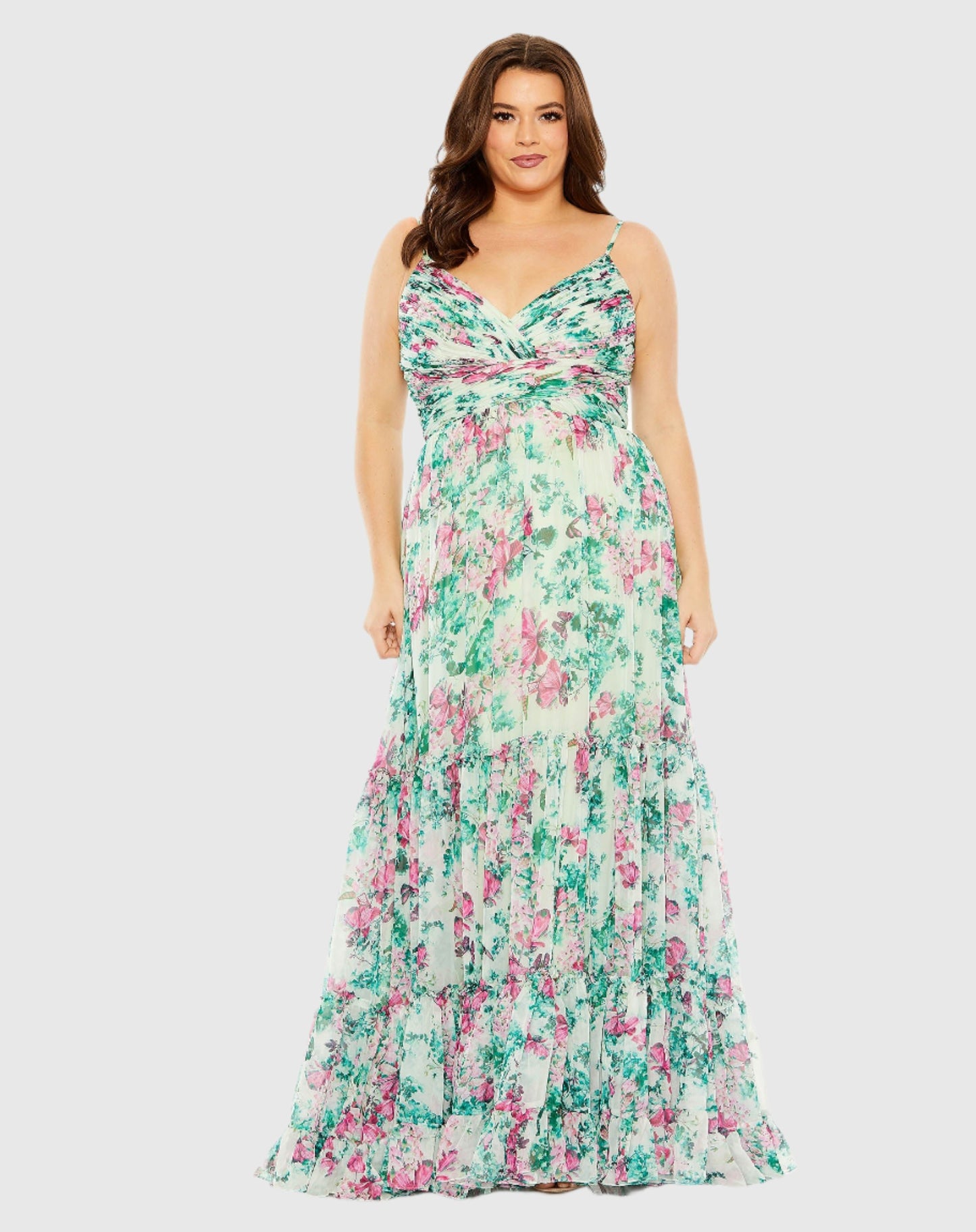 Floral Printed Tiered Ruched Gown