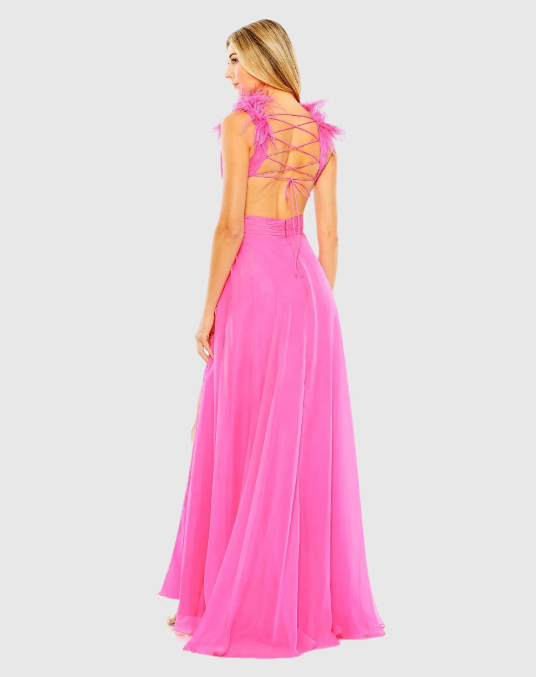 A-Line V Neck Feathered Collar Gown - Mac Duggal