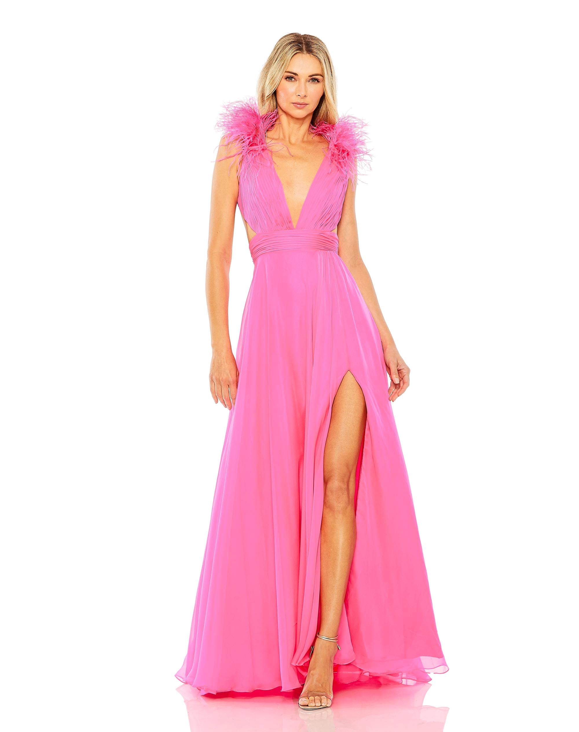 A-Line V Neck Feathered Collar Gown