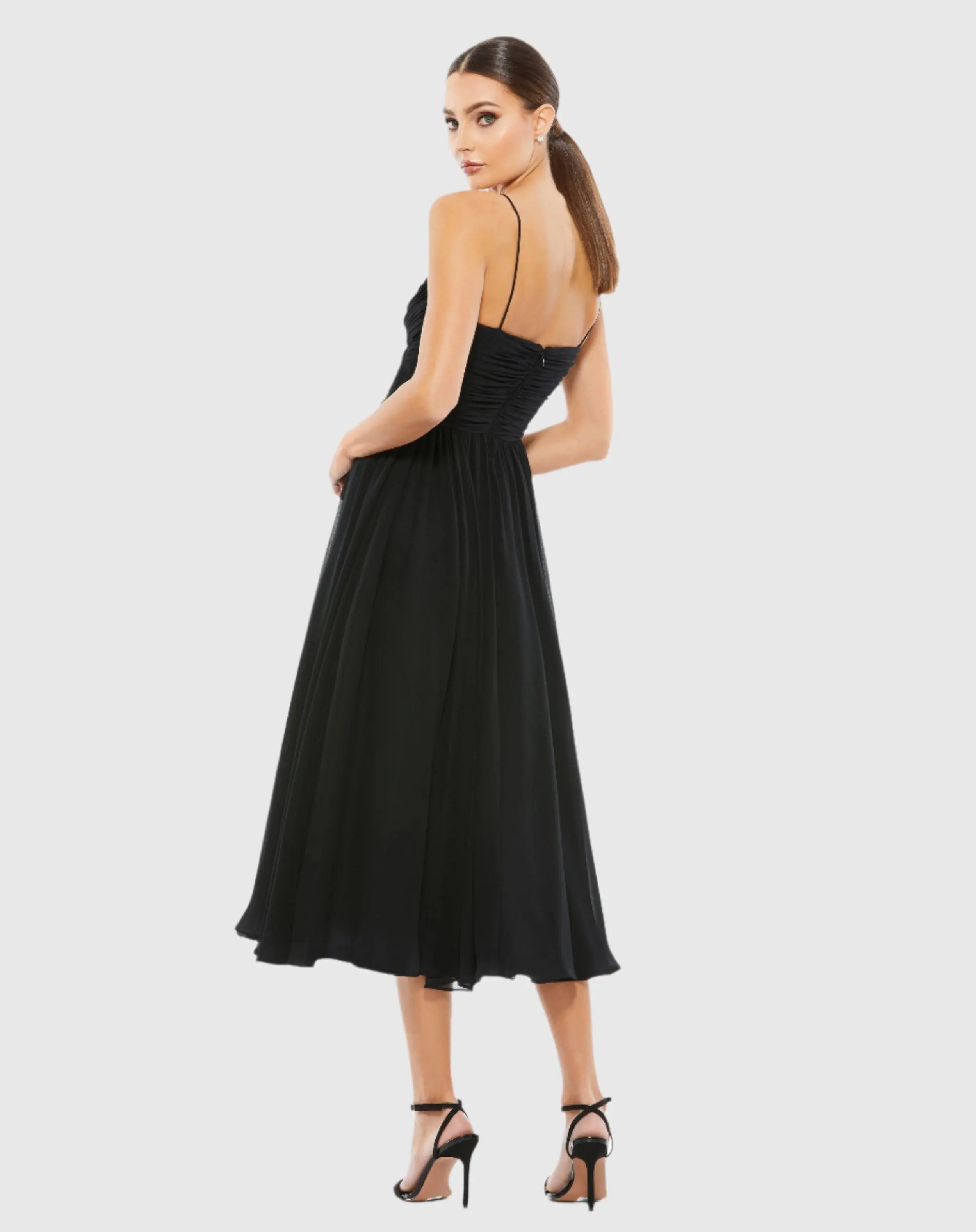 Black Faux Wrap Sleeveless Flowy Midi Dress - Mac Duggal