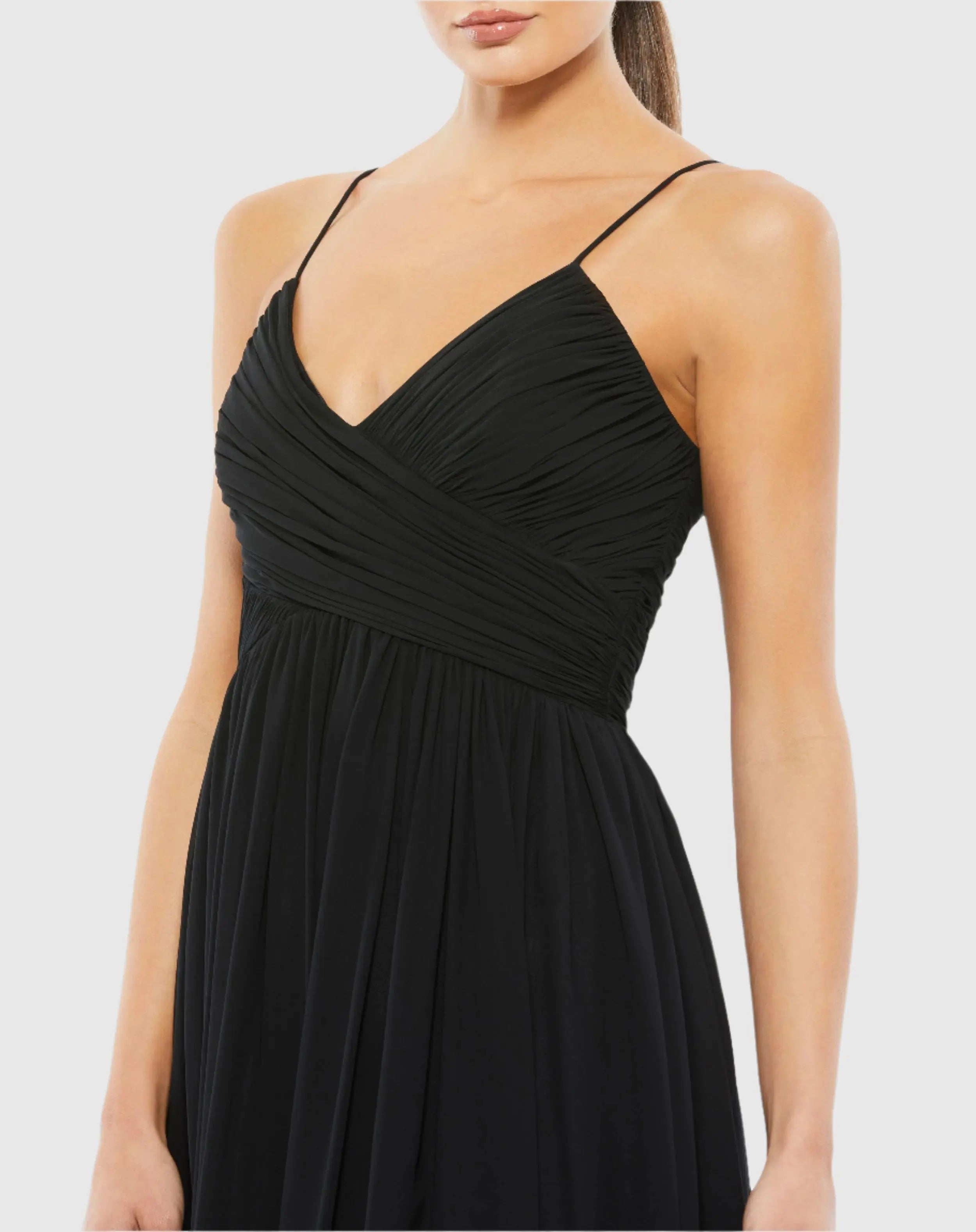 Black Faux Wrap Sleeveless Flowy Midi Dress - Mac Duggal