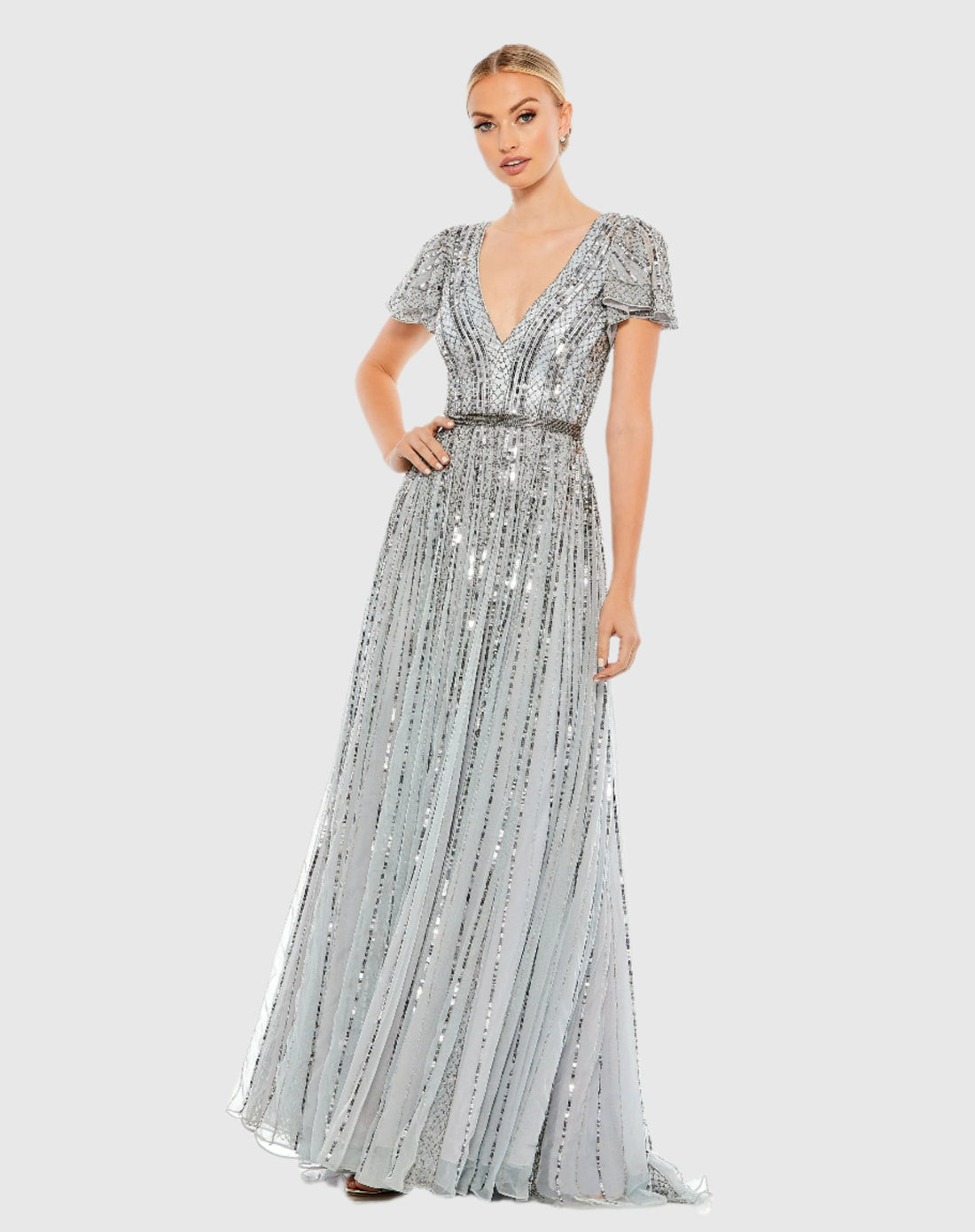 Stripe Sequin V-Neck Gown