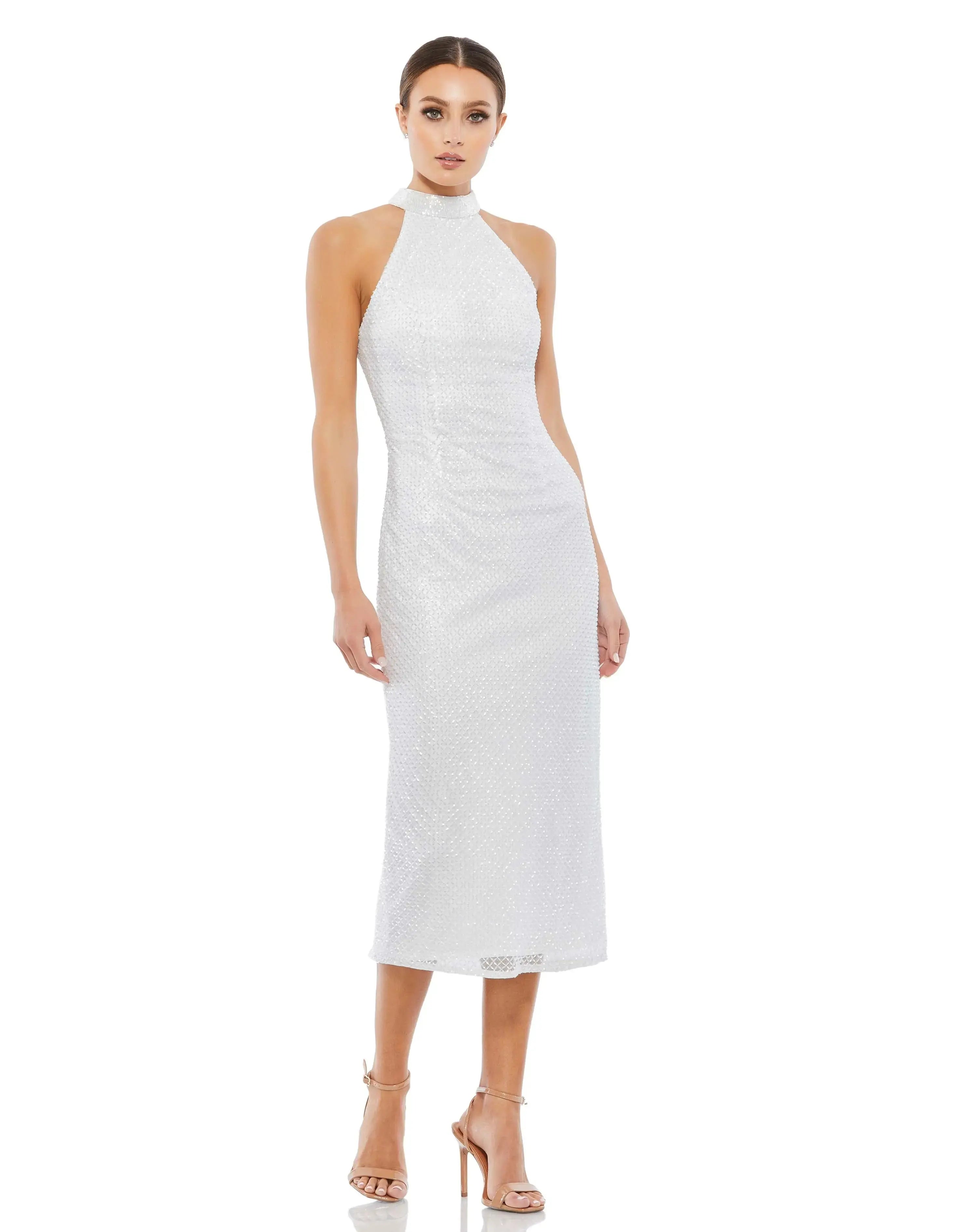 White Hand Embellished Halter Neck Midi Sheath Dress - Mac Duggal