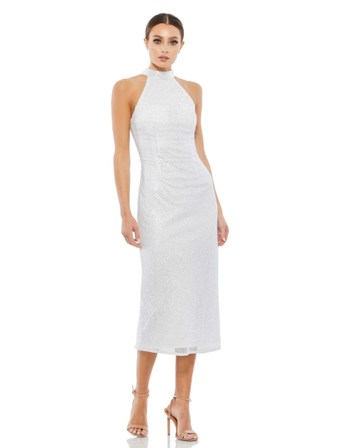 White Hand Embellished Halter Neck Midi Sheath Dress - Mac Duggal