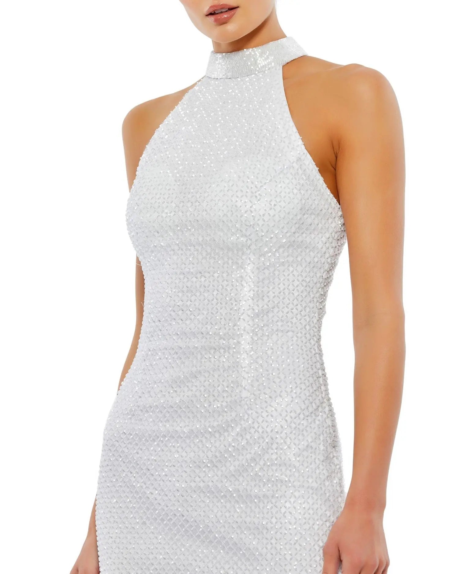 White Hand Embellished Halter Neck Midi Sheath Dress - Mac Duggal