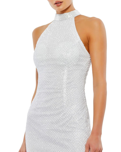 White Hand Embellished Halter Neck Midi Sheath Dress - Mac Duggal