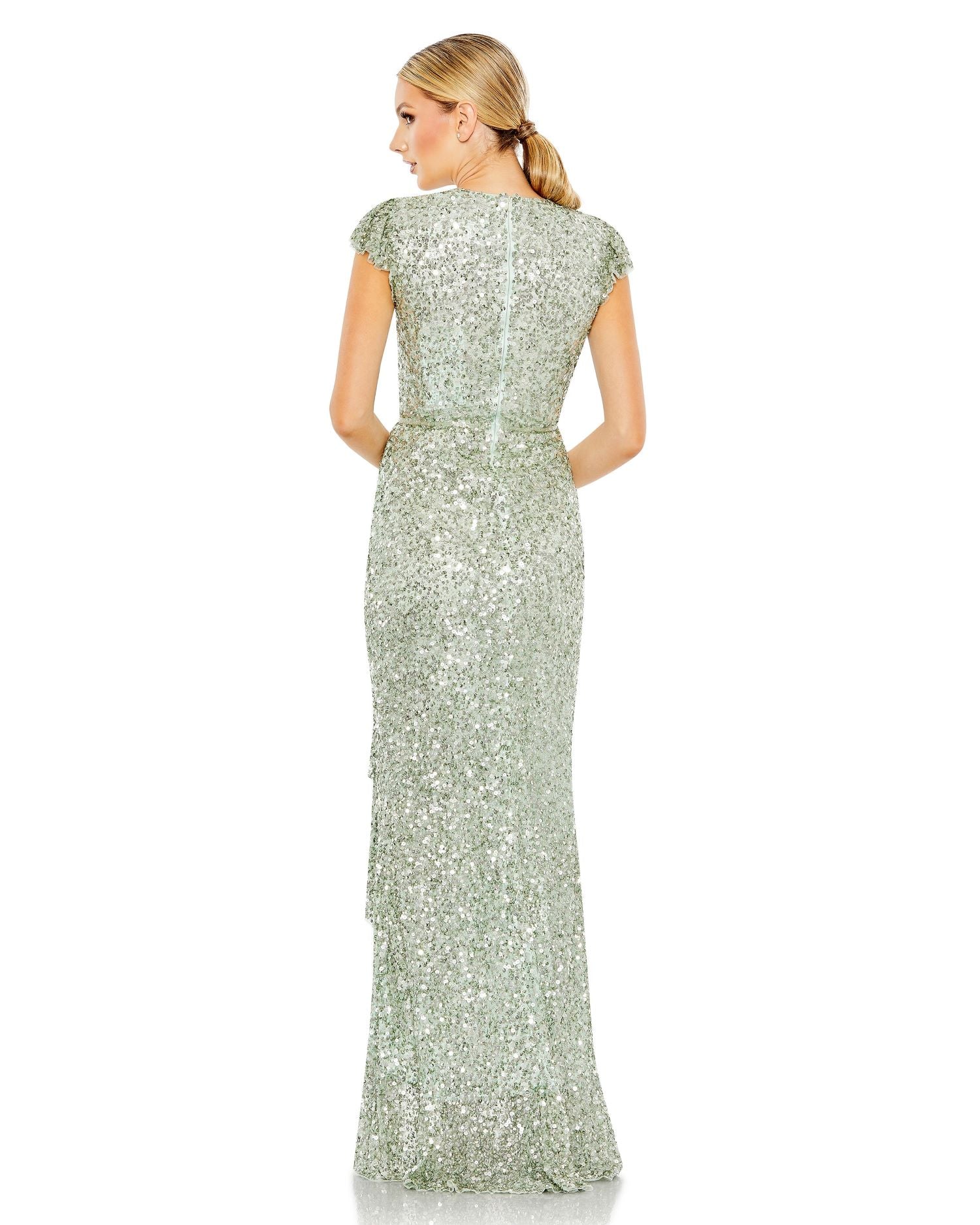 Sequined Faux Wrap Ruffle Cap Sleeve Gown