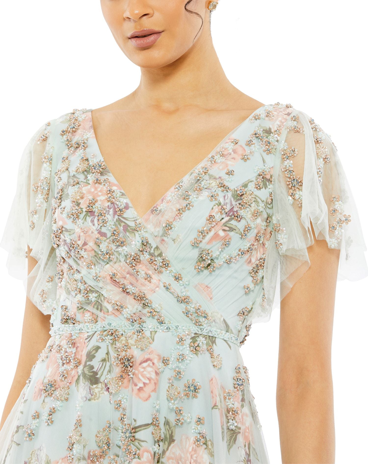 Floral Flutter Sleeve V-Neck Maxi Dress