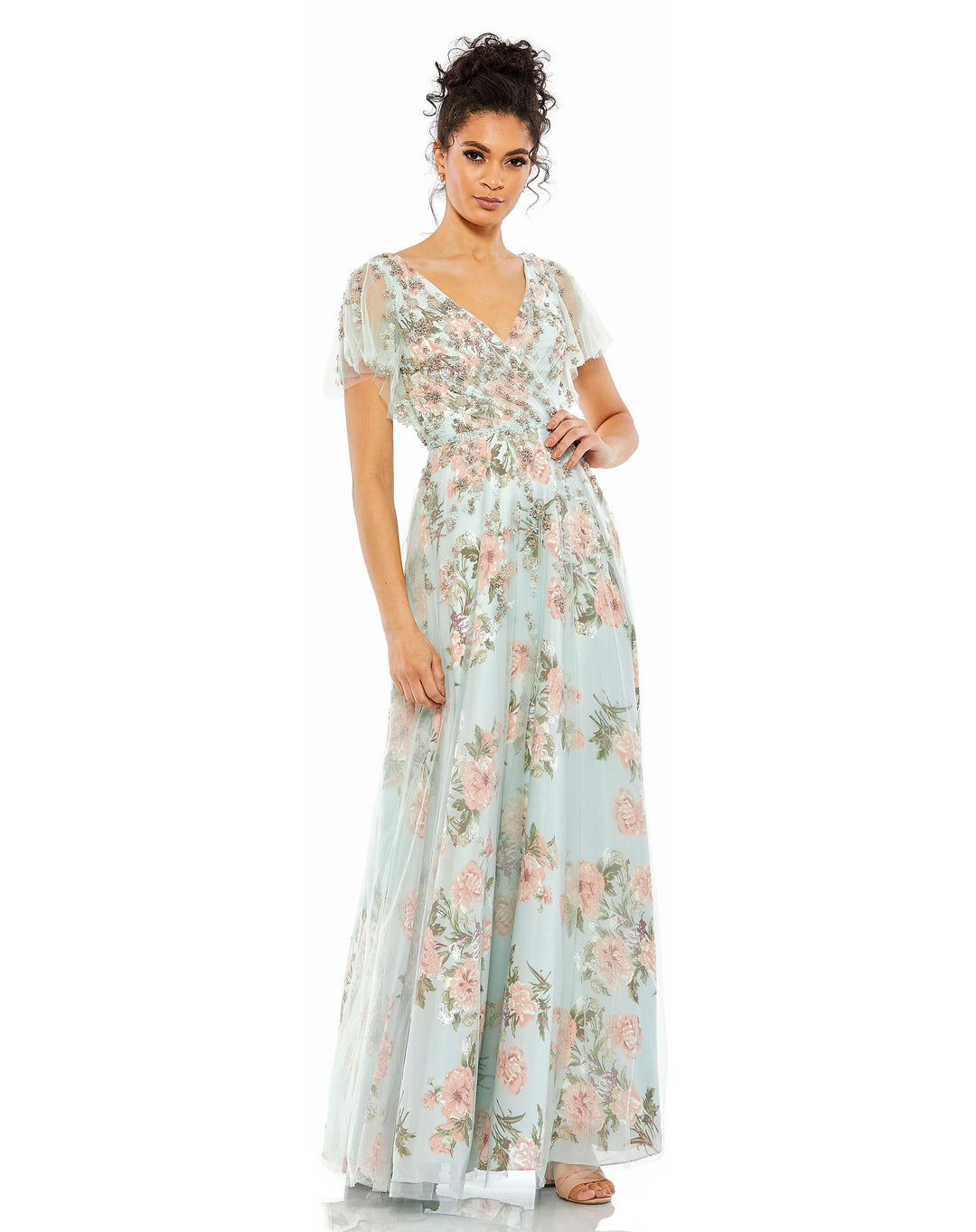 Floral Flutter Sleeve V-Neck Maxi Dress – Mac Duggal