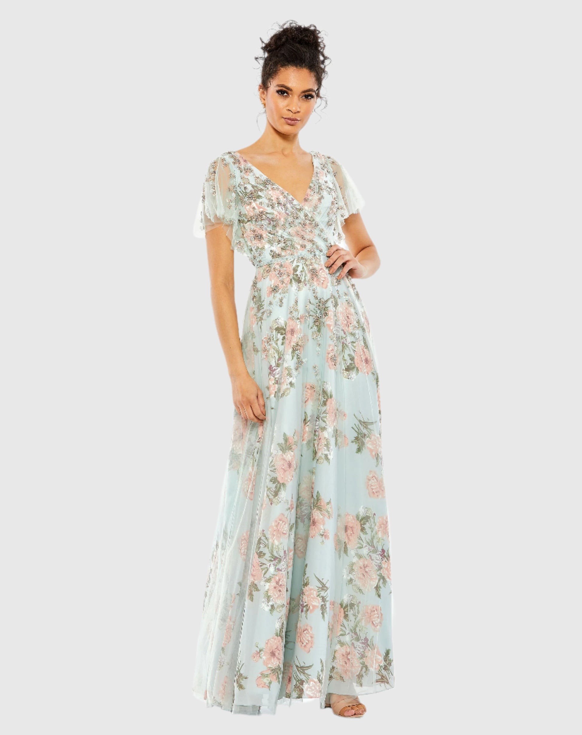 Floral Flutter Sleeve V-Neck Maxi Dress