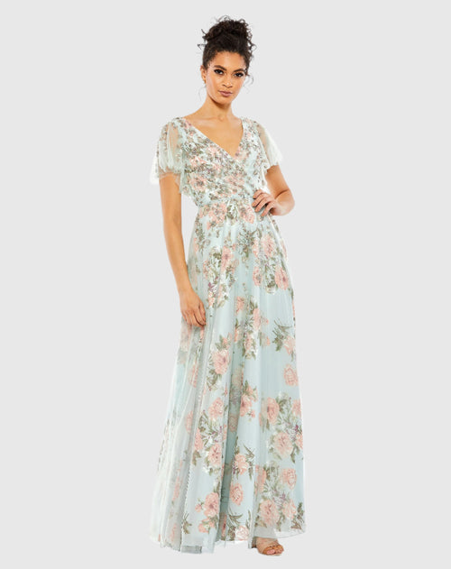 Robe longue fleurie à manches flottantes et col en V