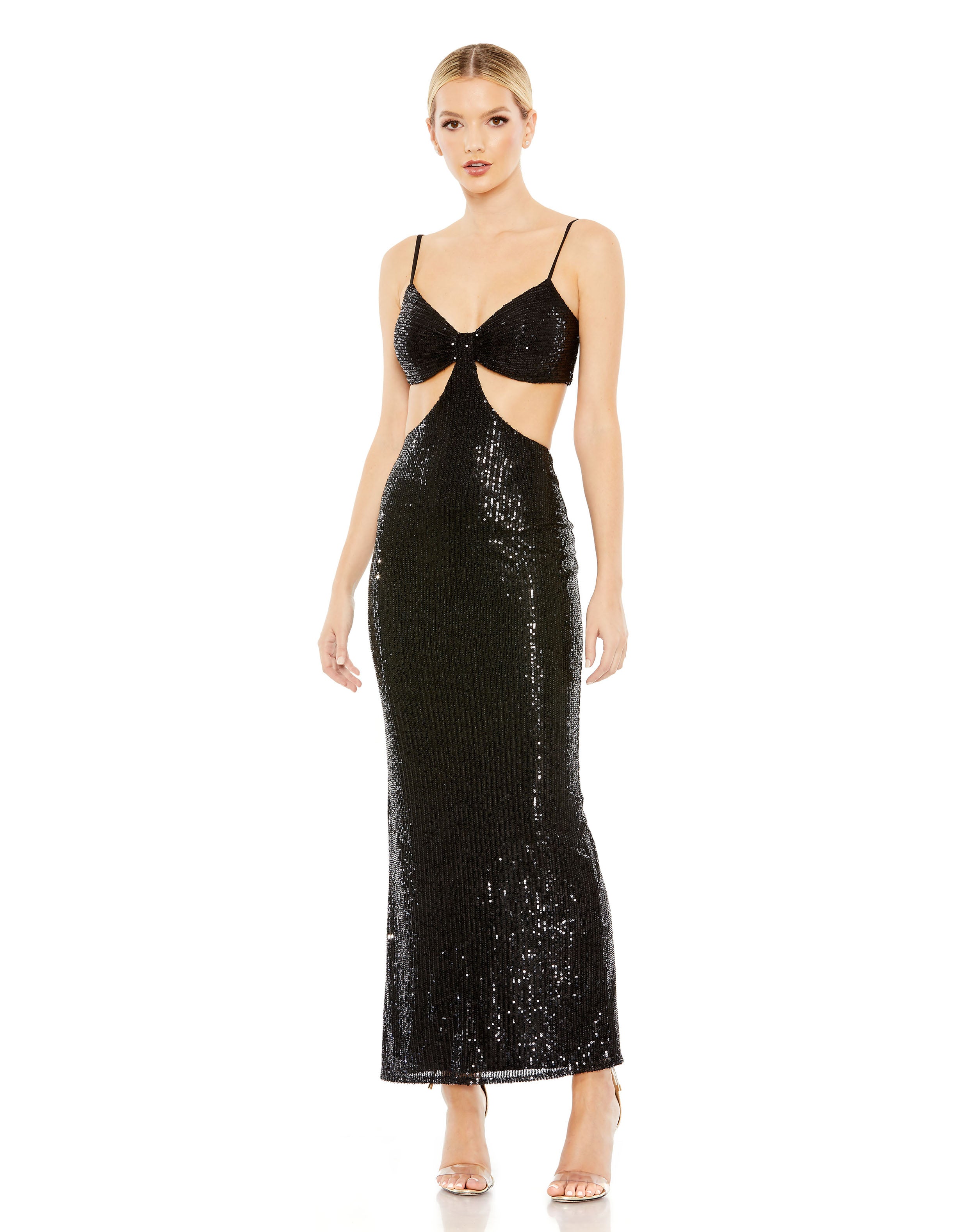 Sequined Spaghetti Strap Cut Out Gown