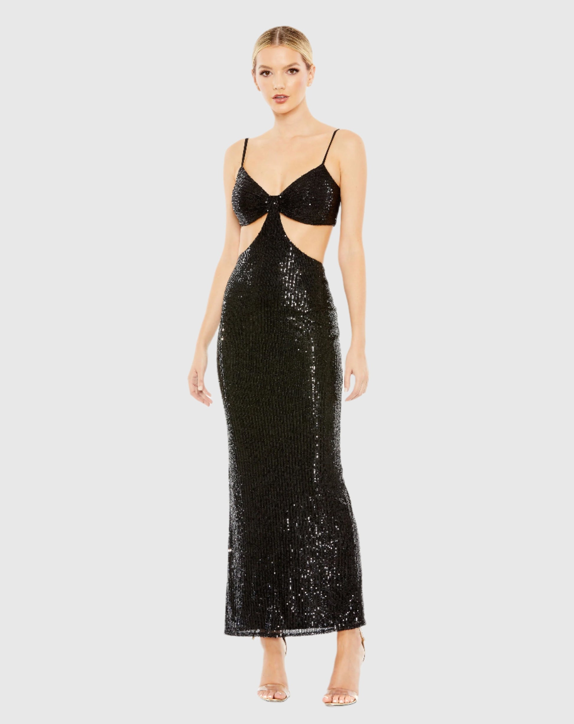 Sequined Spaghetti Strap Cut Out Gown