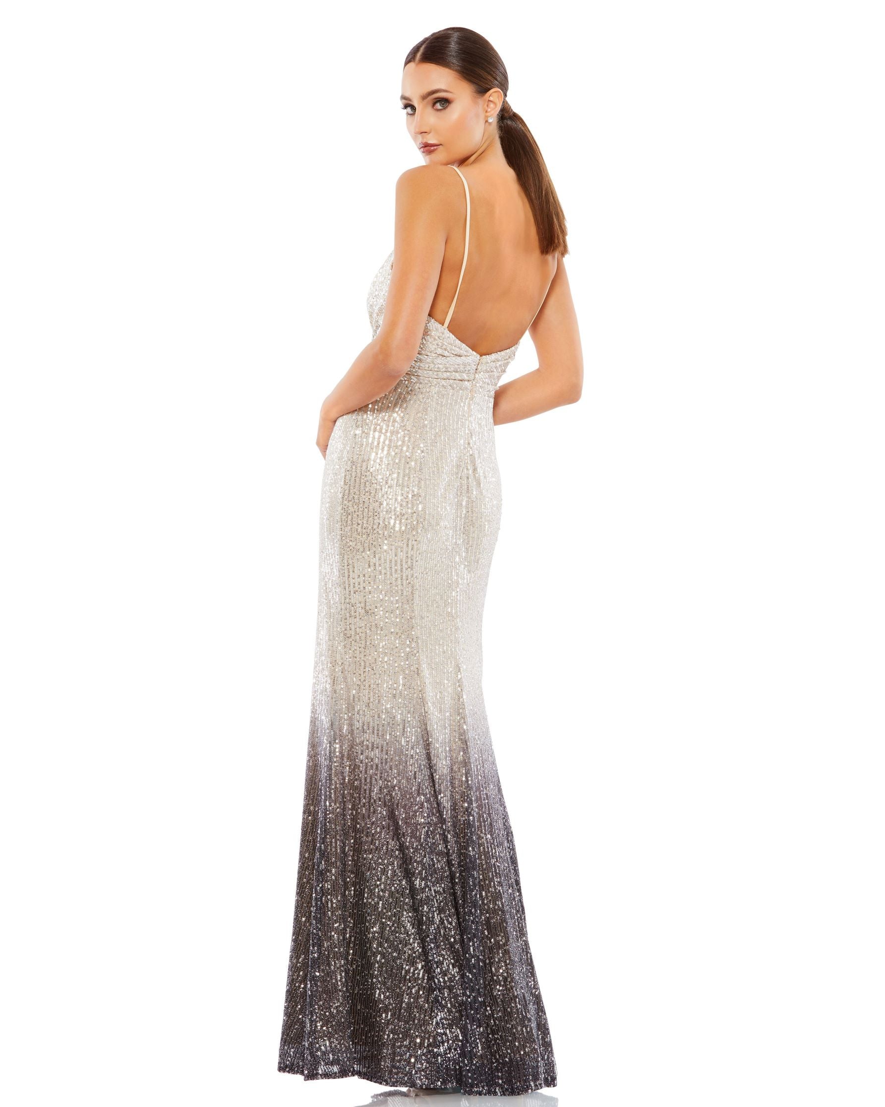 Plunge Neck Ombre Sequin Gown